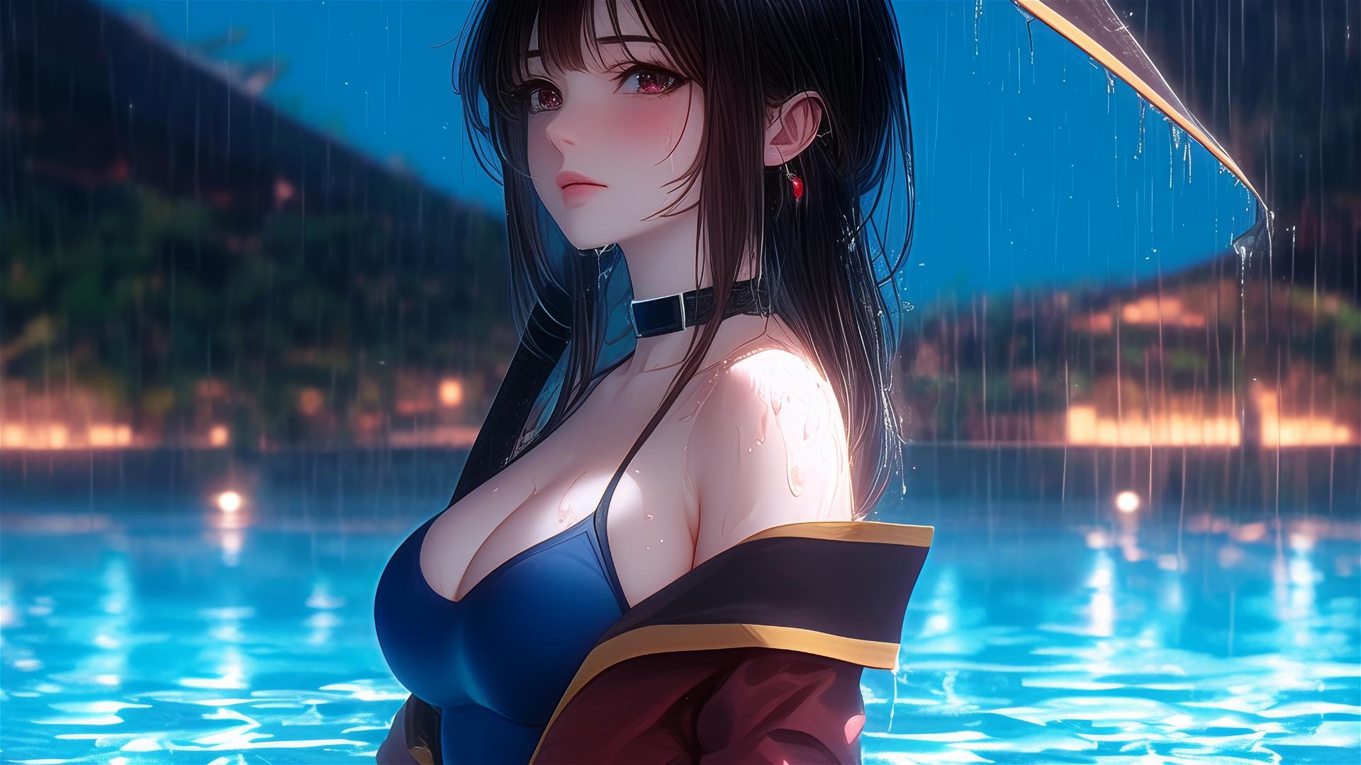 Megumin from KonoSuba in pool under moonlight with rain
