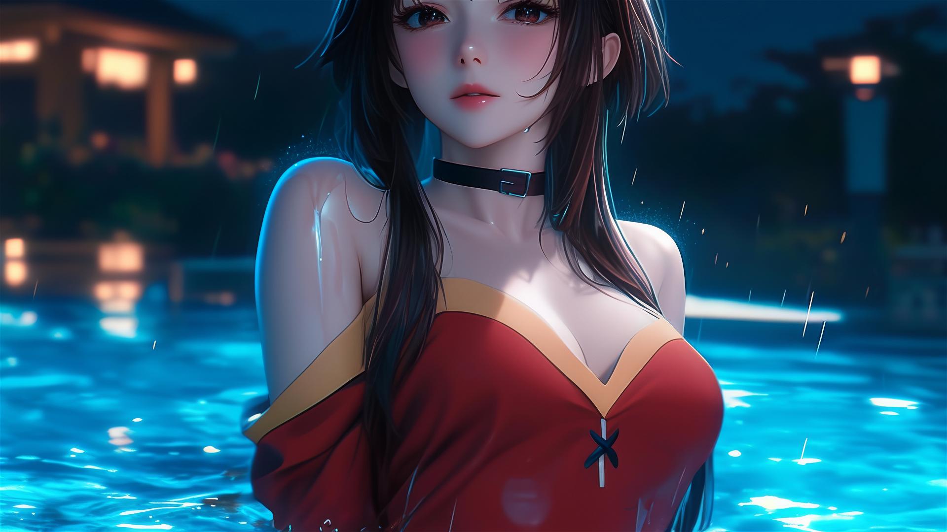 Megumin from KonoSuba in pool under moonlight with soft glow in rain