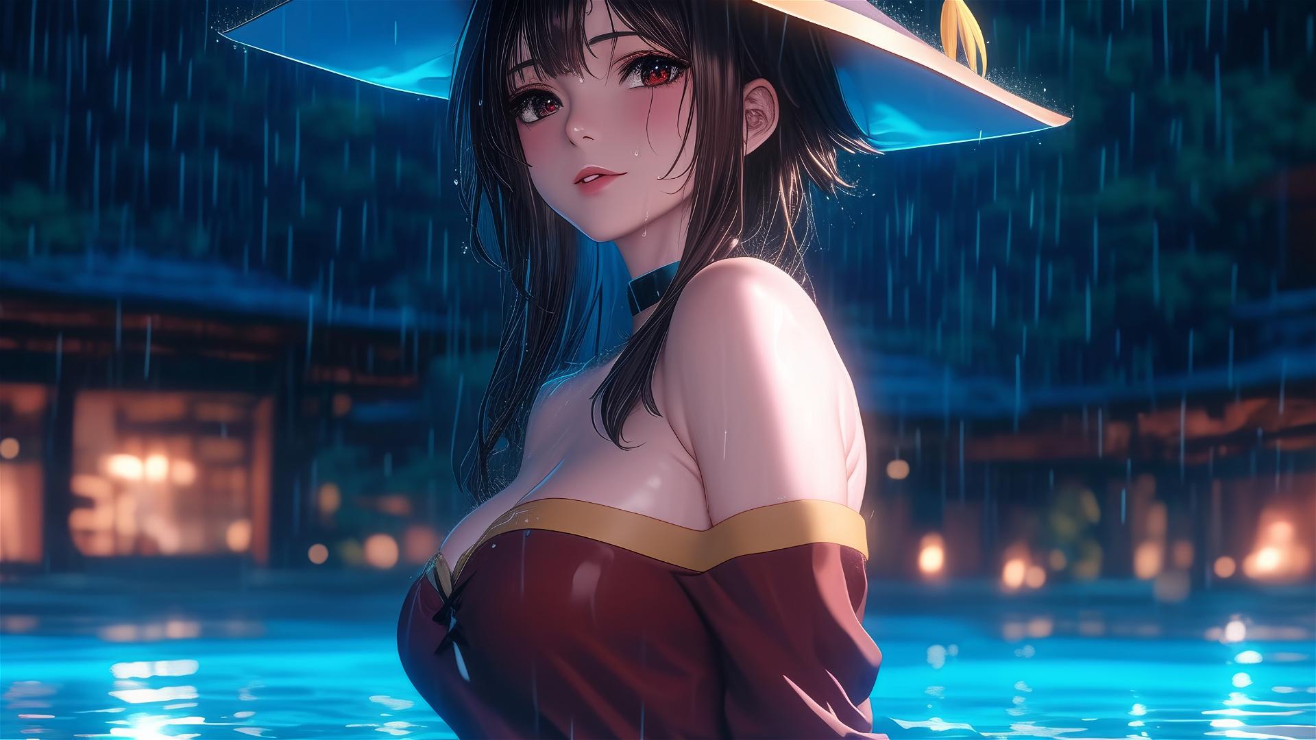 Megumin from KonoSuba in pool with moonlight and rain