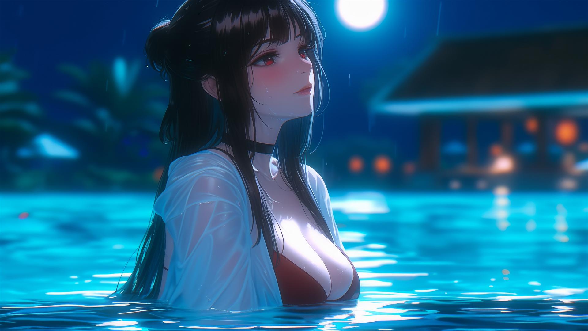 Megumin from KonoSuba in a pool with moonlight and rain