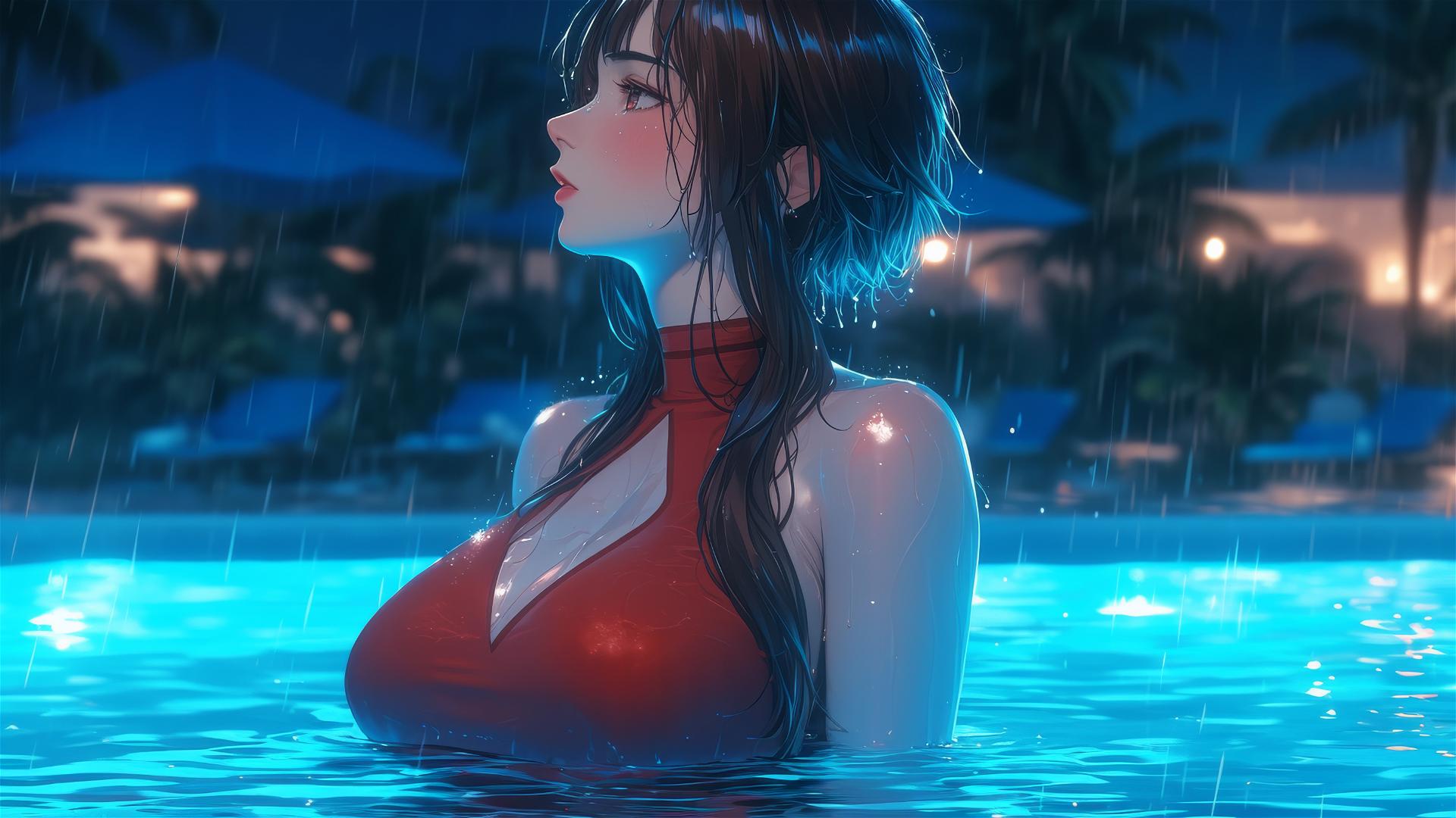 Megumin from KonoSuba in a pool under moonlight on a rainy night
