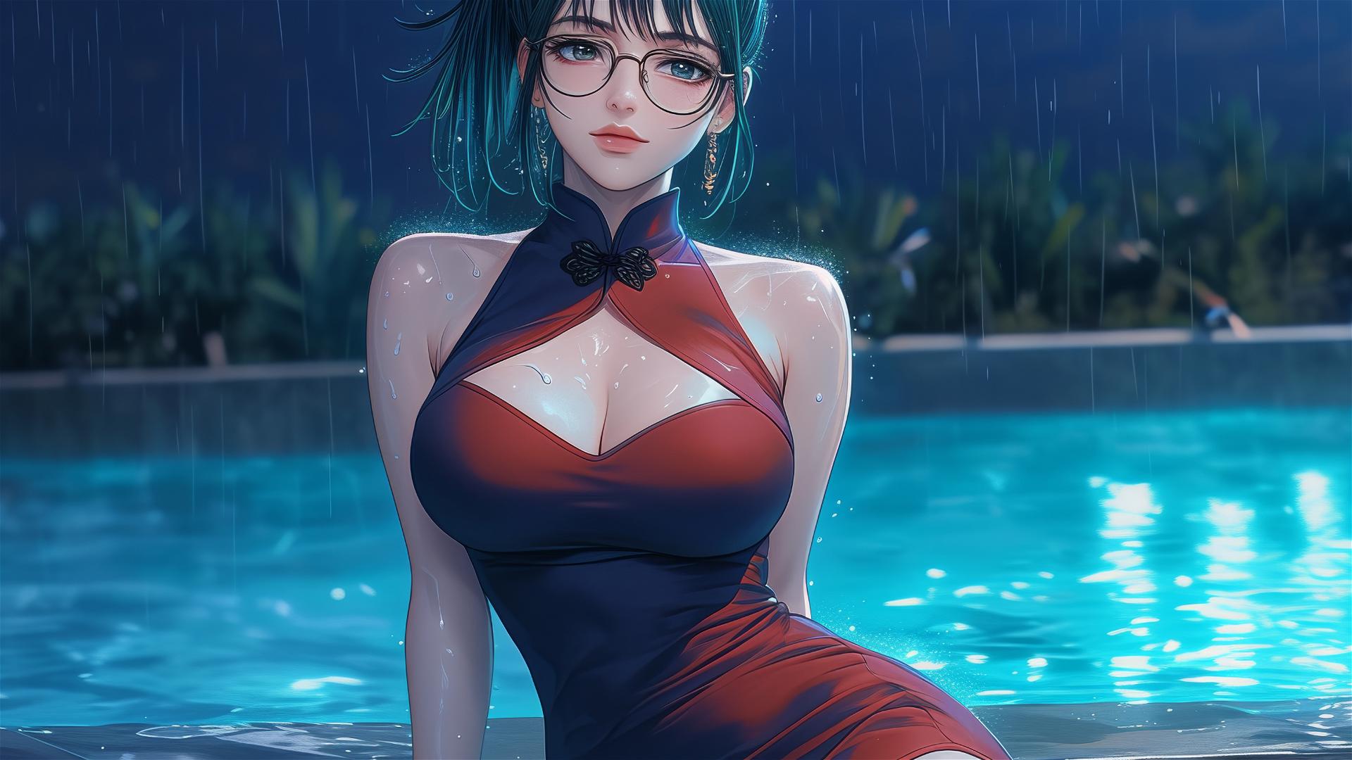 Maki Zenin resting by pool under moonlight in red dress