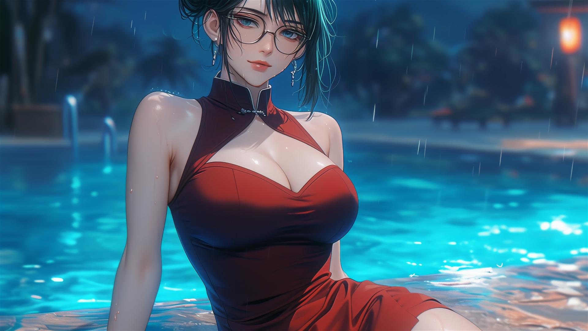 Maki Zenin from Jujutsu Kaisen resting by pool with moonlight and rain