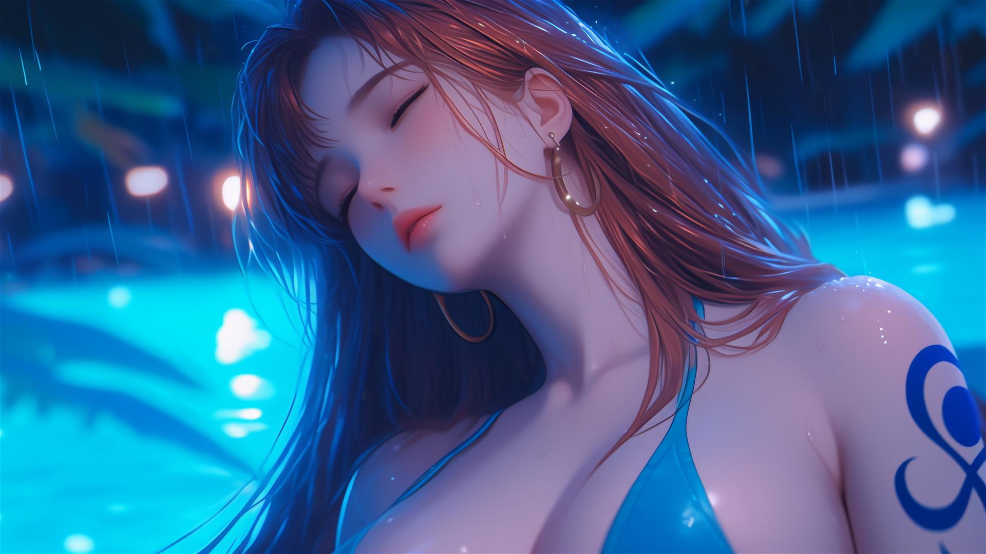 Nami from One Piece relaxing by the pool under moonlight in the rain