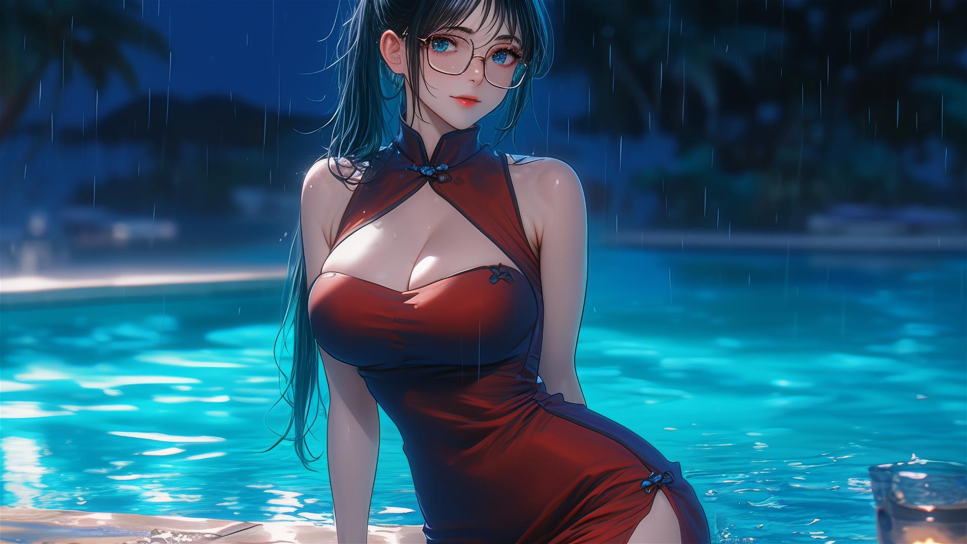 Maki Zenin from Jujutsu Kaisen resting by a pool under moonlight, rainy ambiance, in a red dress with glasses
