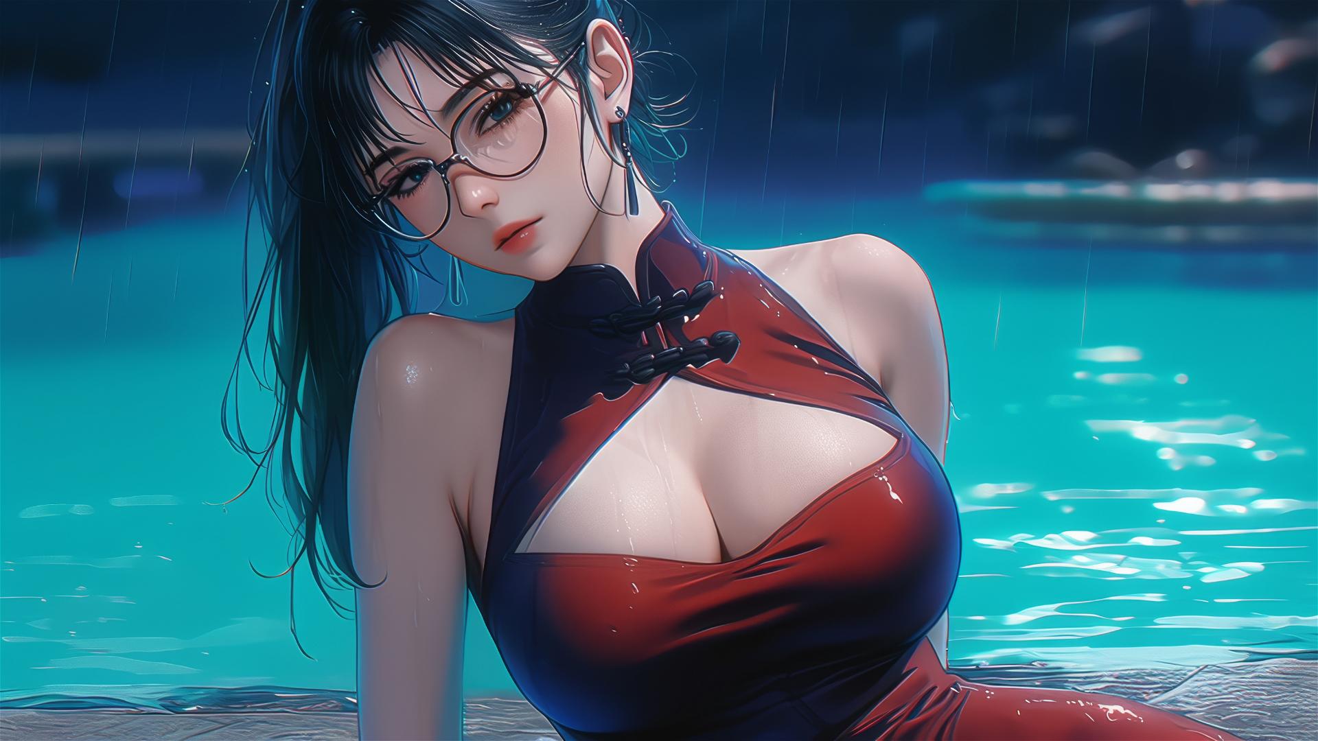 Maki Zenin from Jujutsu Kaisen resting by pool under moonlight, rainy weather, wearing glasses and red dress