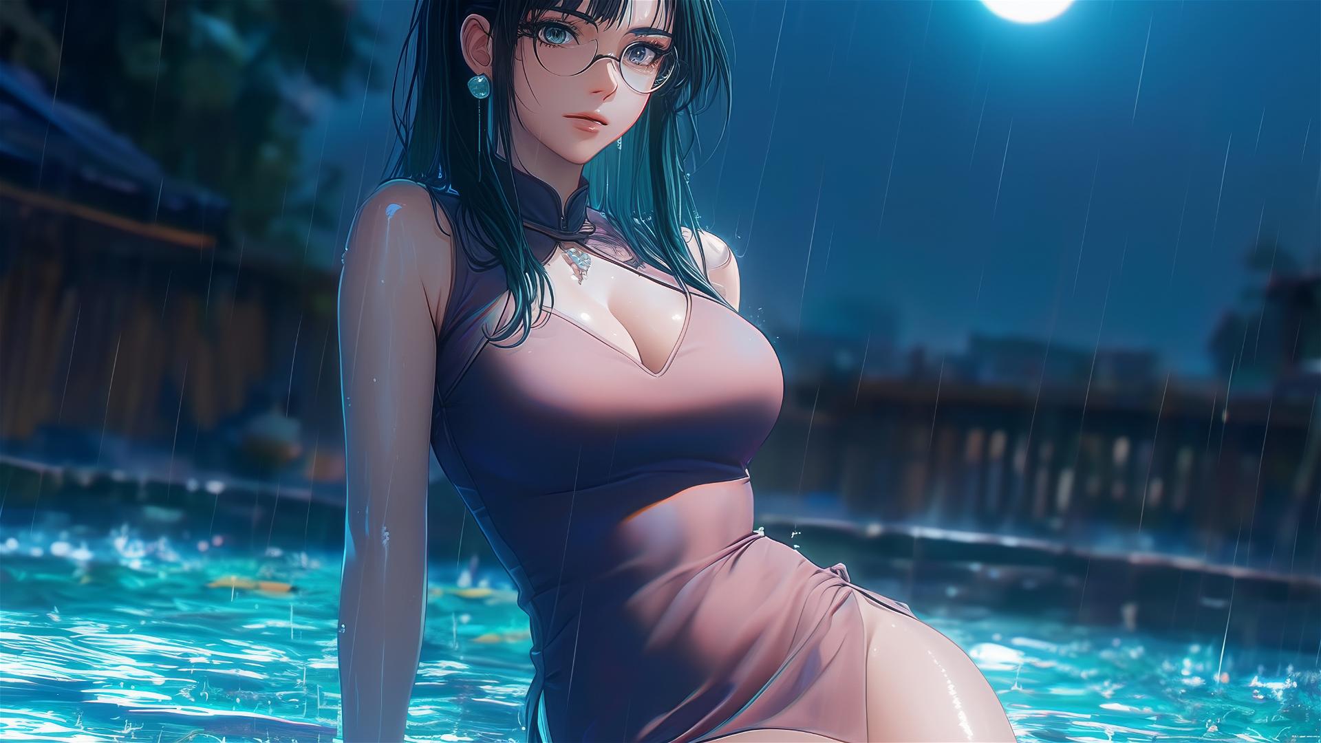 Maki Zenin from Jujutsu Kaisen resting by the pool under moonlight, wearing glasses and a pink dress in the rain