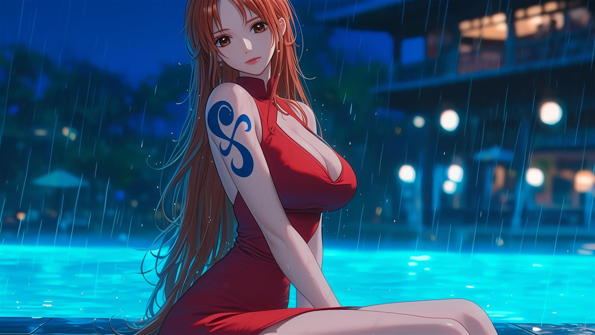 Nami from One Piece resting by pool under moonlight in rain, orange hair, brown eyes, red dress.