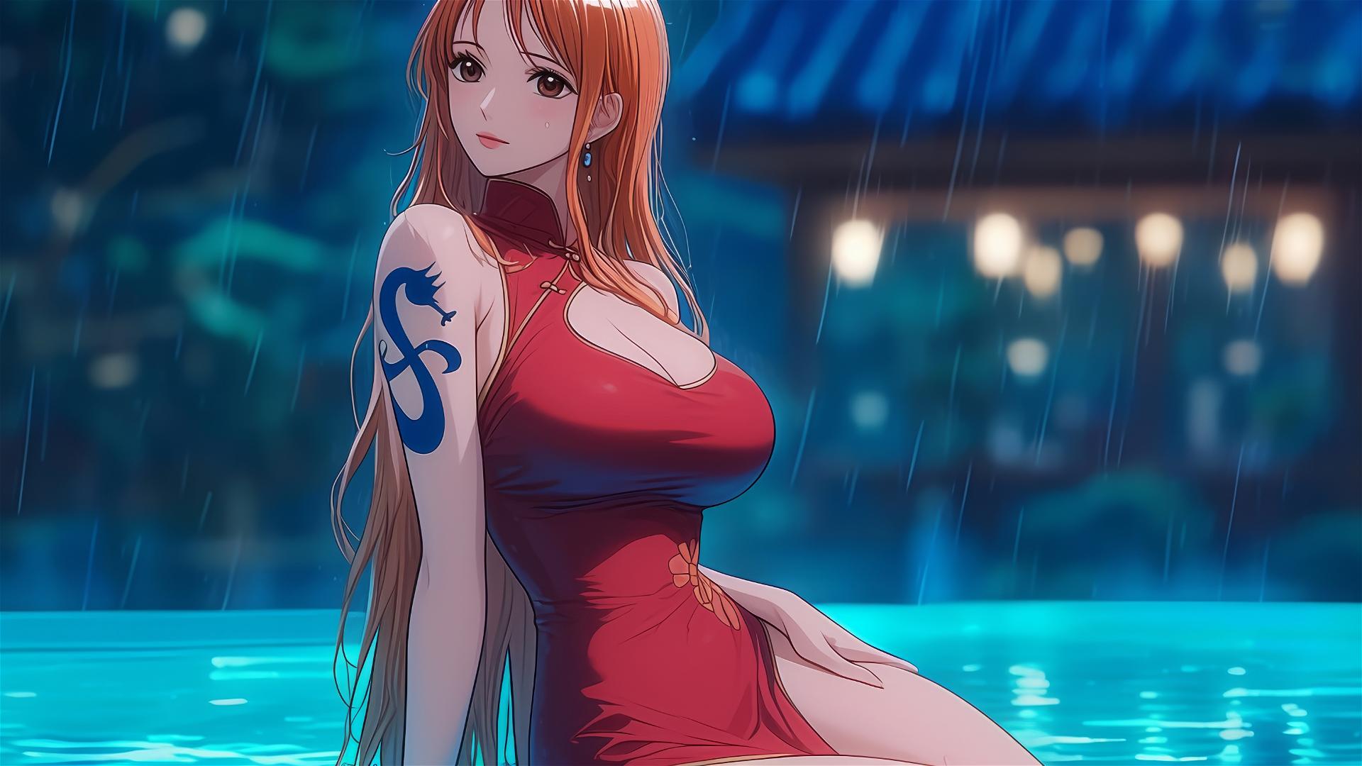 Nami from One Piece resting by the pool under moonlight in the rain, red dress