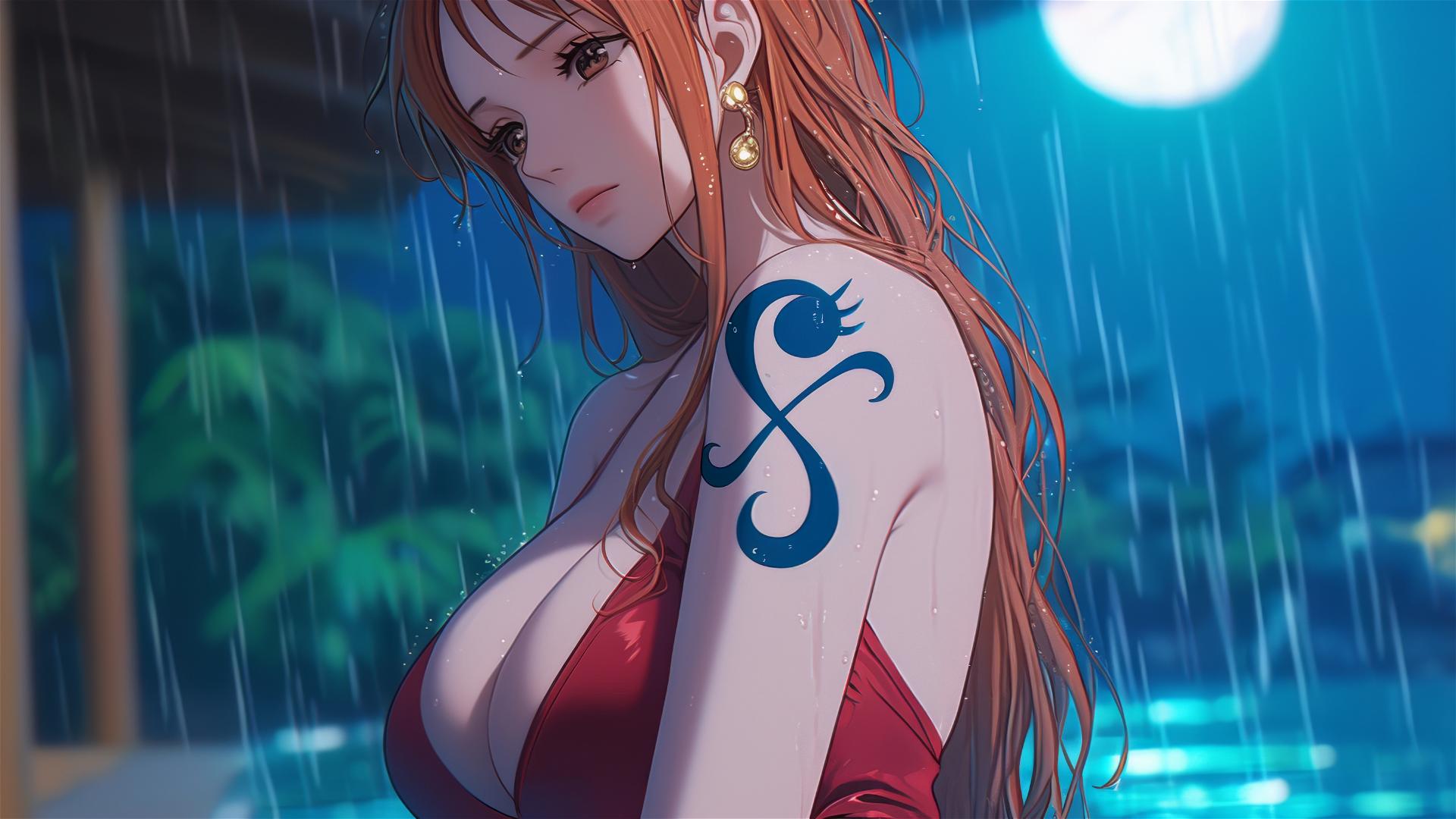 Nami from One Piece resting by a pool under moonlight in a rainy setting, with orange hair, brown eyes, and a red dress