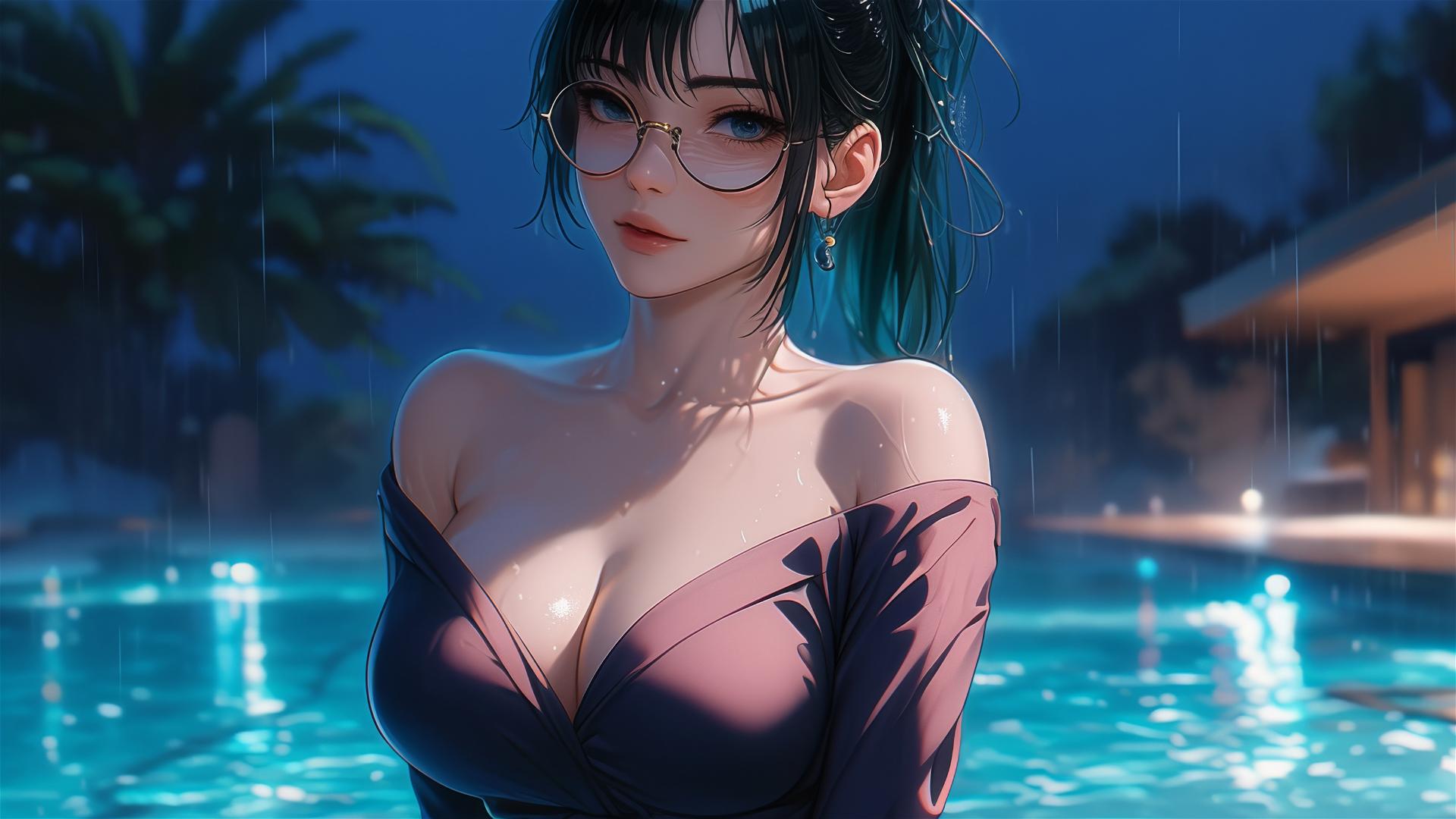 Maki Zenin from Jujutsu Kaisen resting by a pool, moonlit, rainy scene, pink dress, eyeglasses