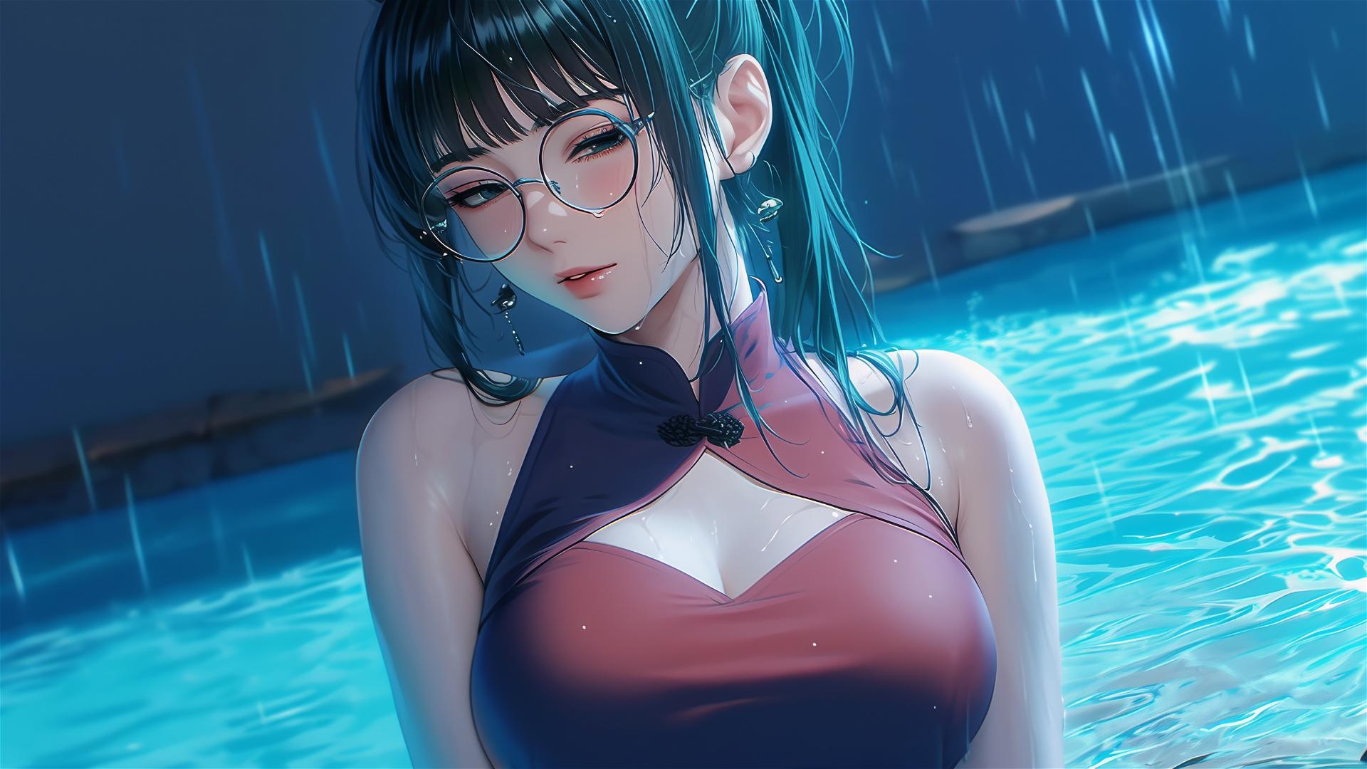 Maki Zenin from Jujutsu Kaisen resting by pool in moonlight, rain, with glasses and pink dress