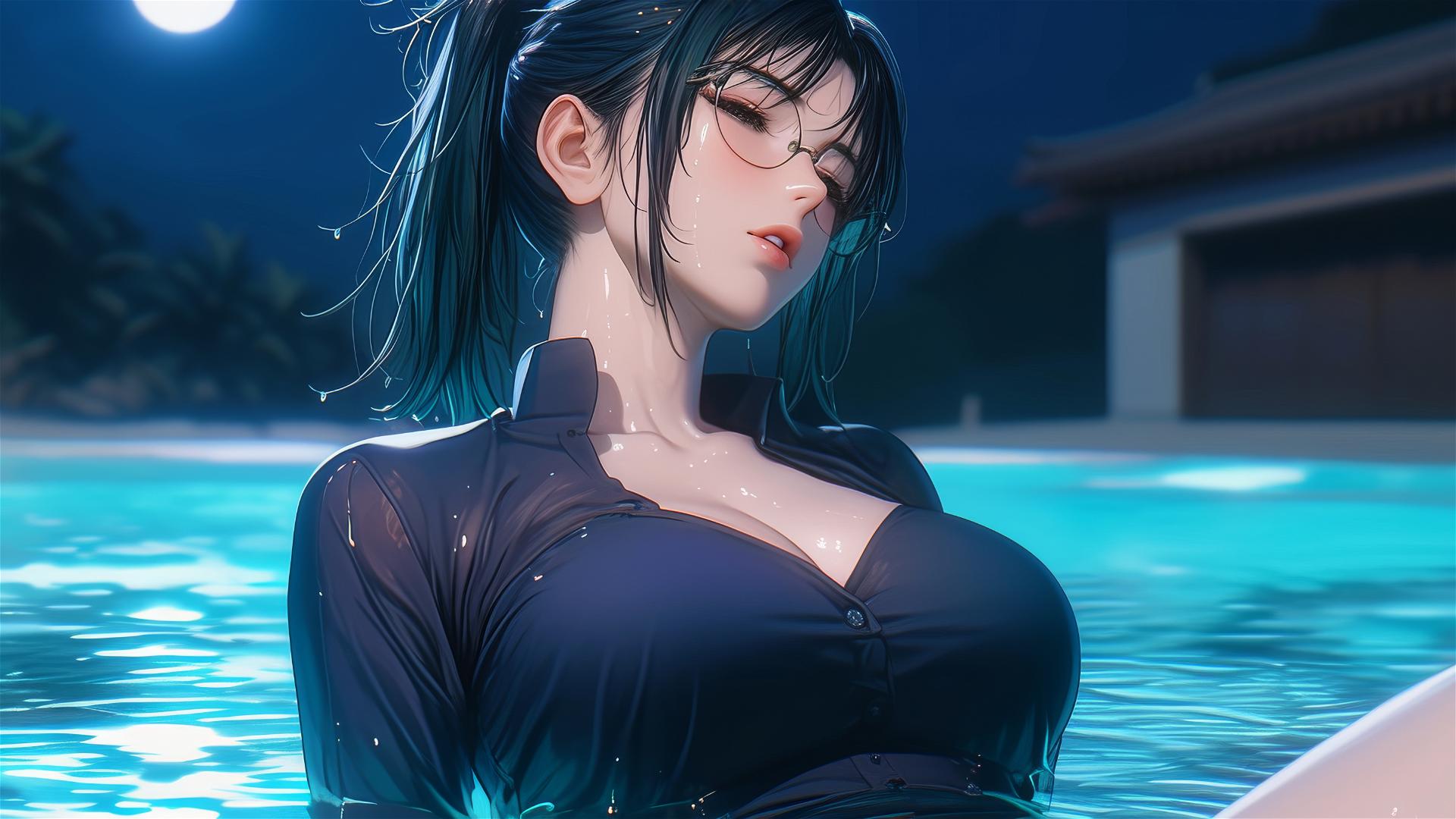 Maki Zenin from Jujutsu Kaisen resting by pool in moonlight, rainy with eyeglasses