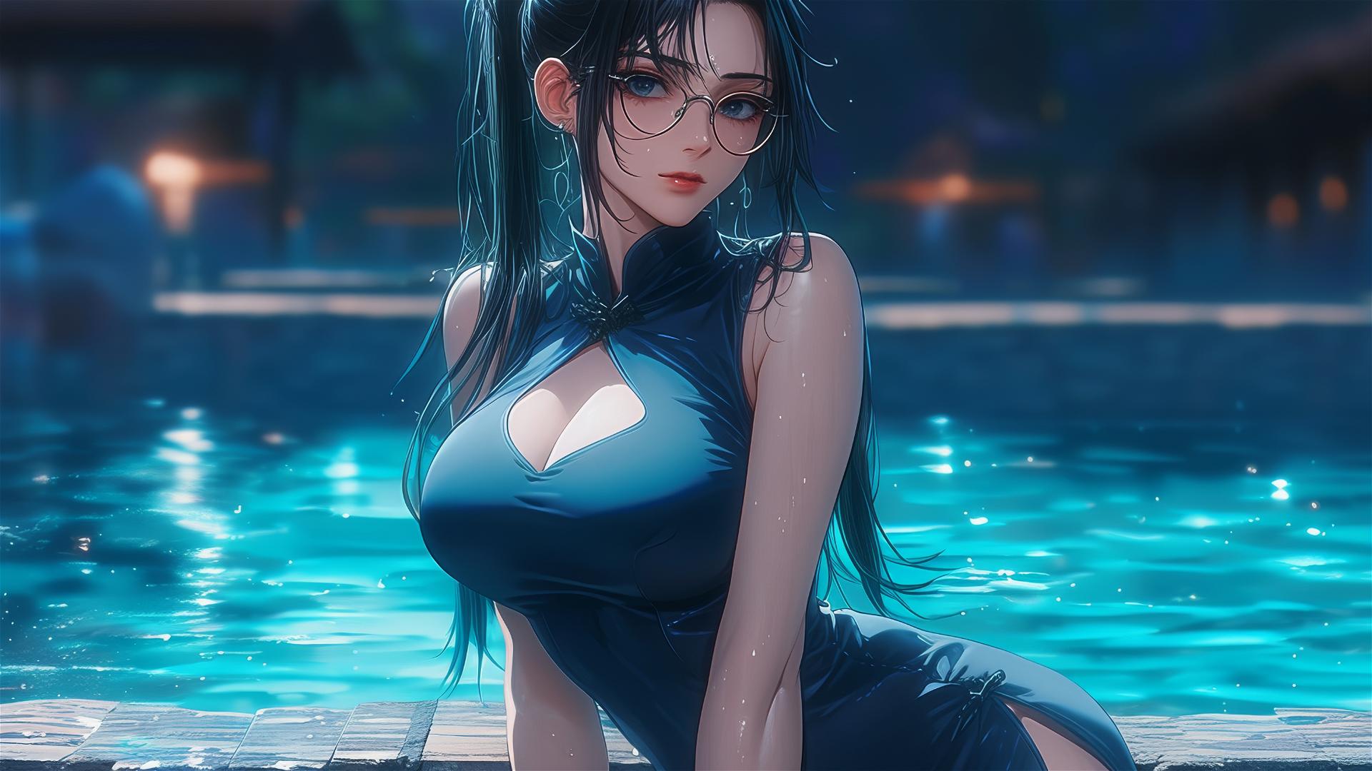 Maki Zenin from Jujutsu Kaisen relaxing by the pool under moonlight, rainy ambiance, wearing glasses