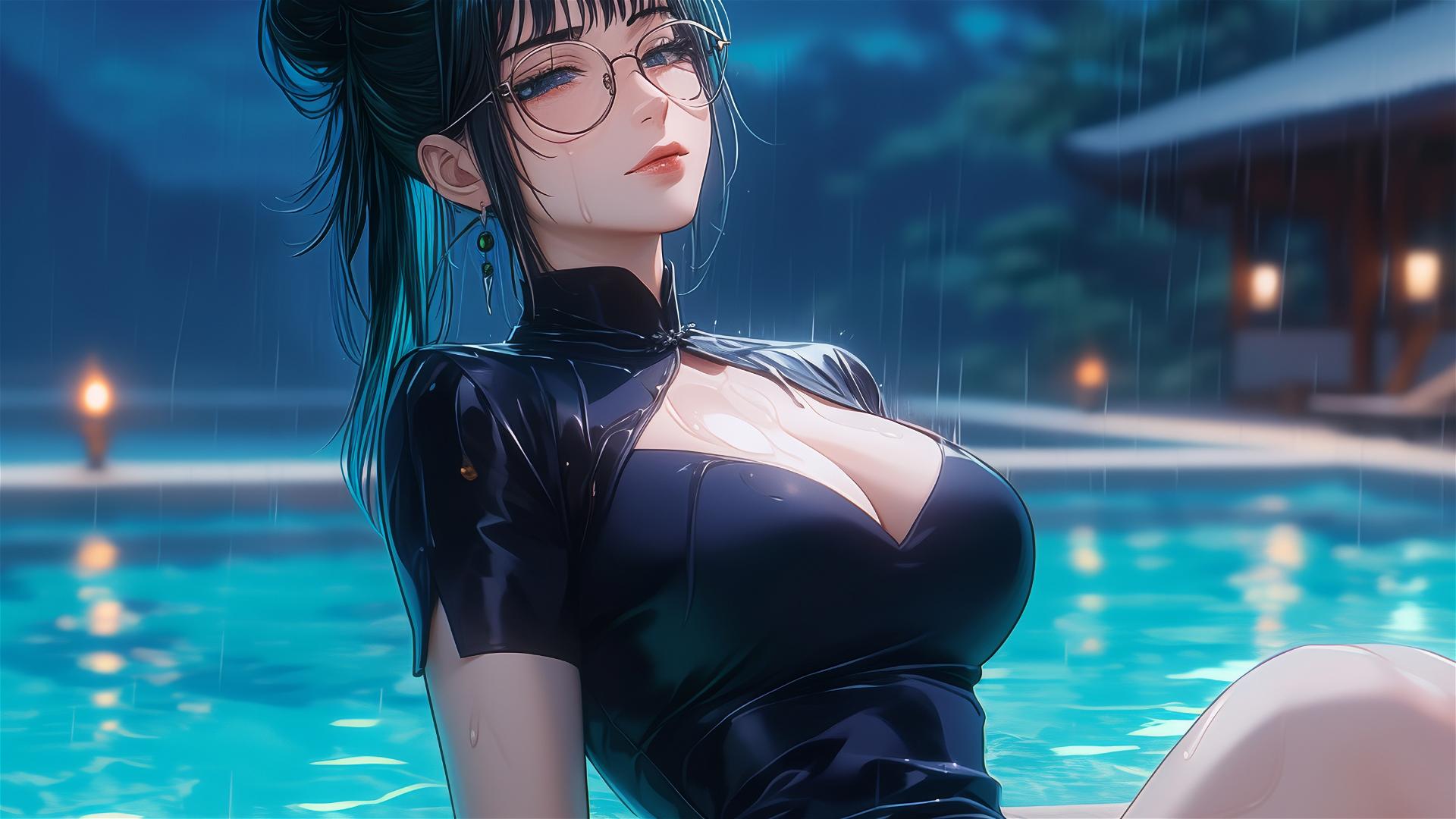Maki Zenin from Jujutsu Kaisen resting by the pool under moonlight in rain with glasses