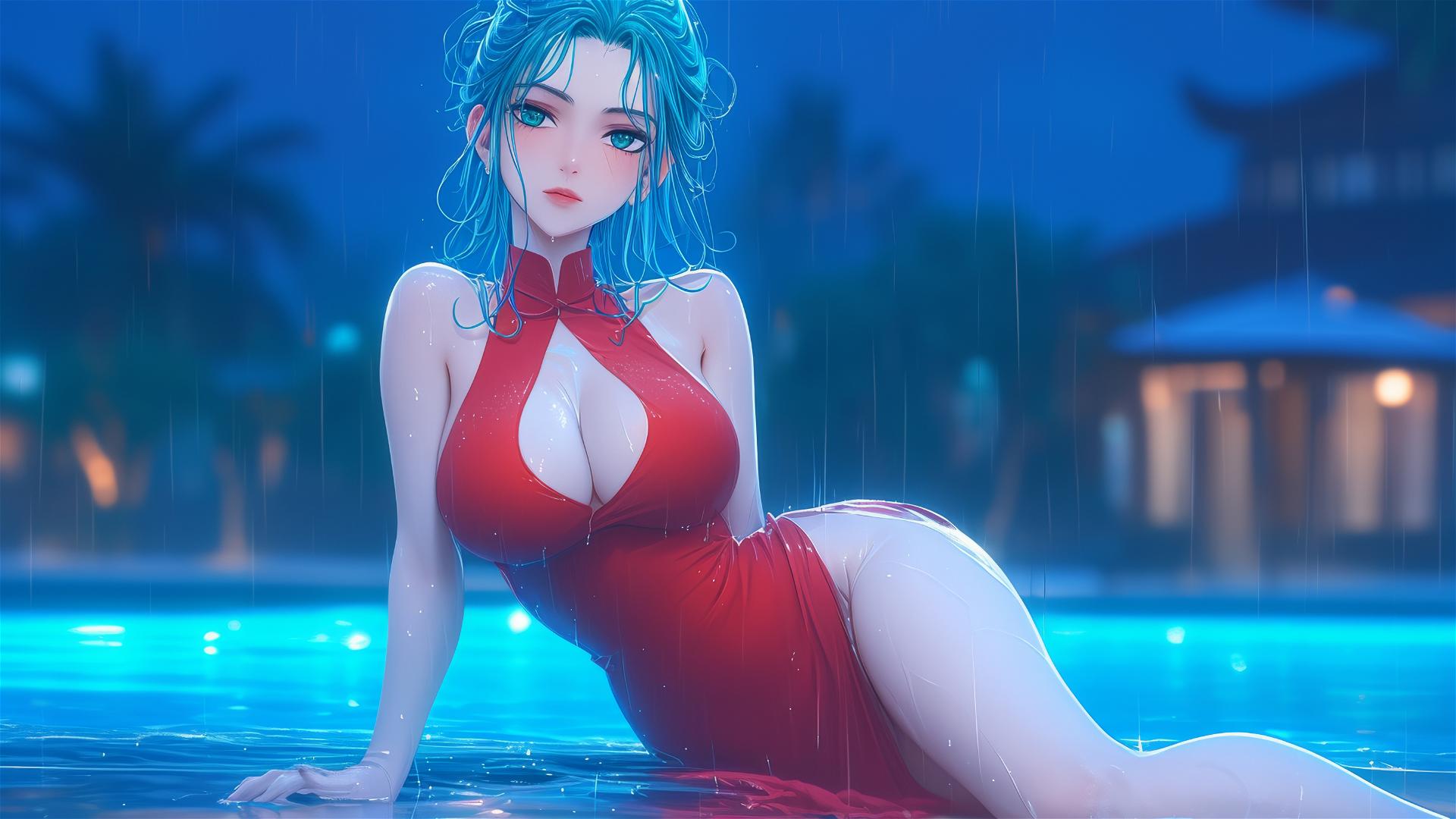 Tatsumaki from One-Punch Man resting by the poolside in the moonlight, rain drizzling, wearing a red dress