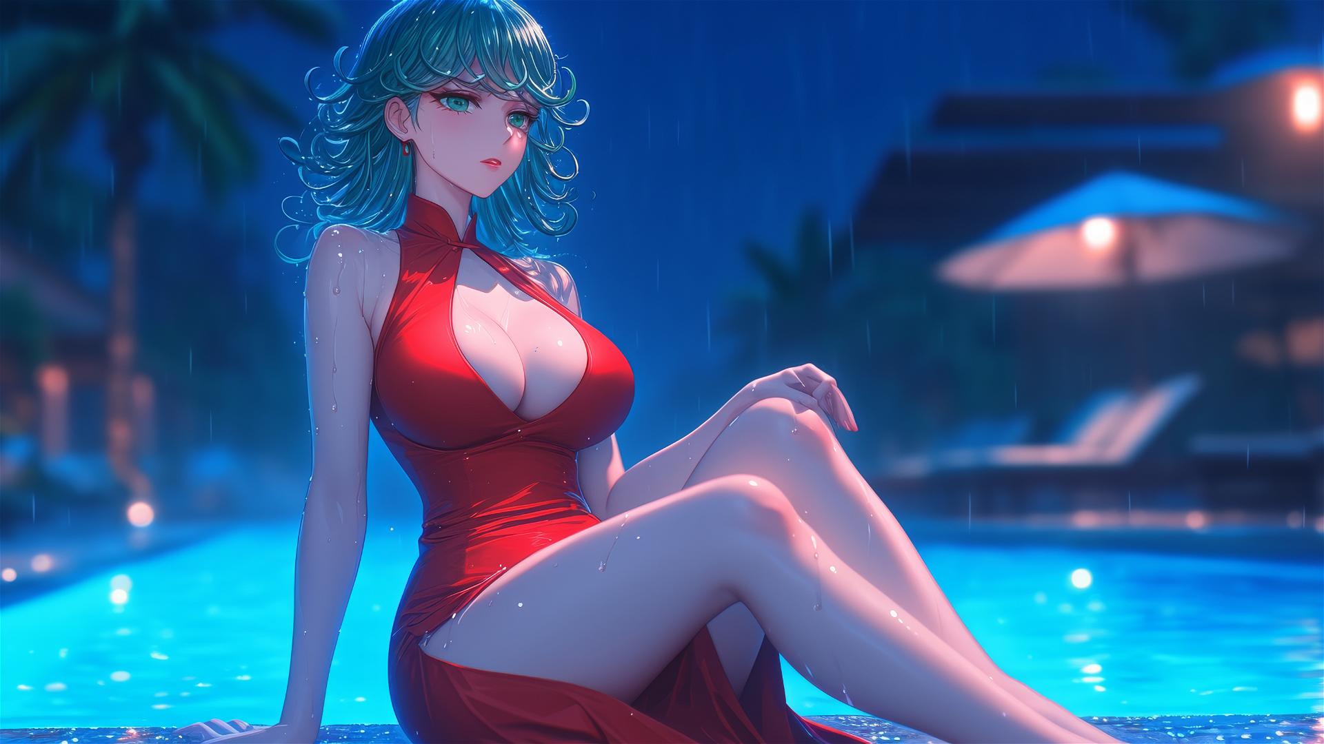 Tatsumaki from One-Punch Man resting by pool under moonlight, rainy scene, in red dress