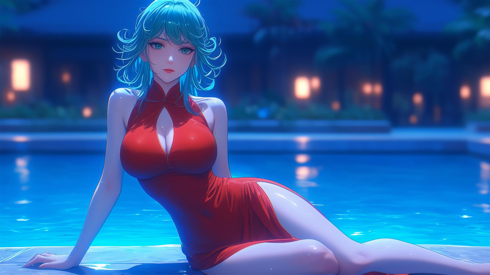 Tatsumaki from One-Punch Man resting by the pool under moonlight, rainy scene, red dress