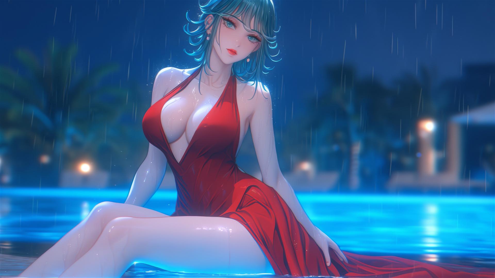 Tatsumaki from One-Punch Man resting by pool under moonlight, red dress, rainy ambiance