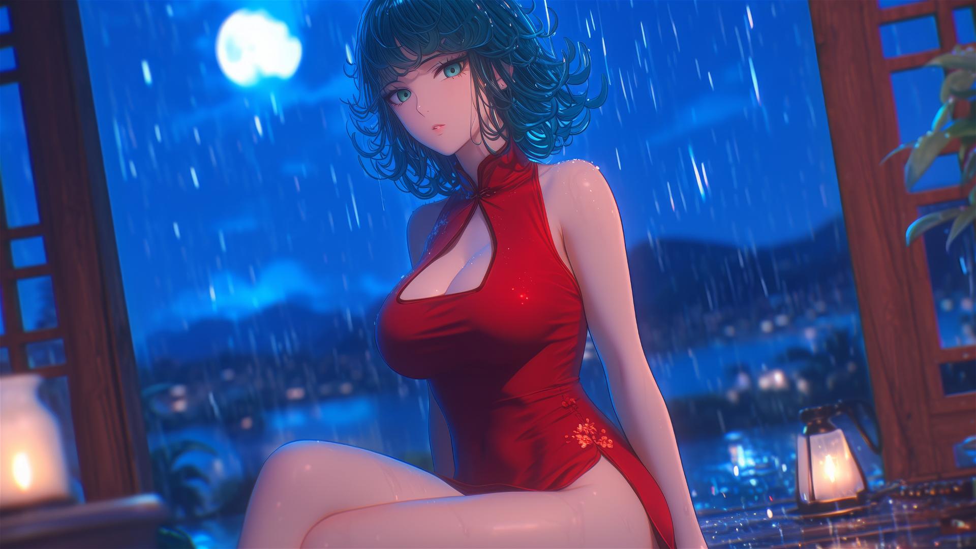 Tatsumaki from One-Punch Man resting by pool with moon glow, in red dress on rainy night