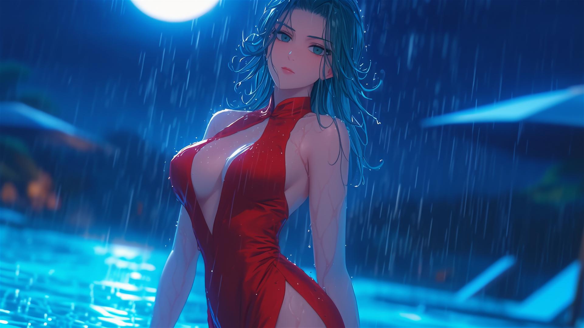 Tatsumaki in pool under moonlight, red dress, rainy ambiance