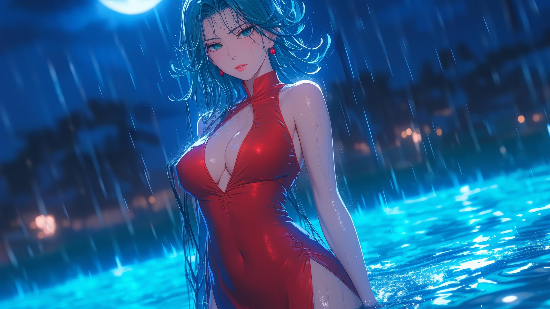Tatsumaki in pool under moonlight with rain, red dress