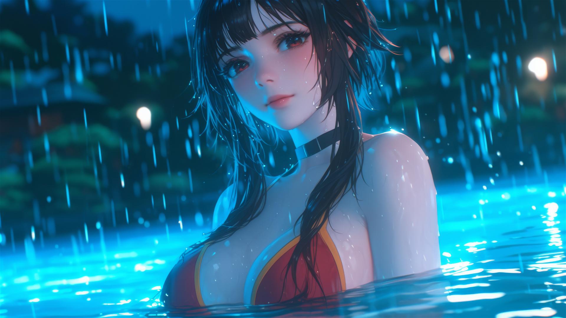 Megumin from KonoSuba standing in a pool under moonlight with rain falling