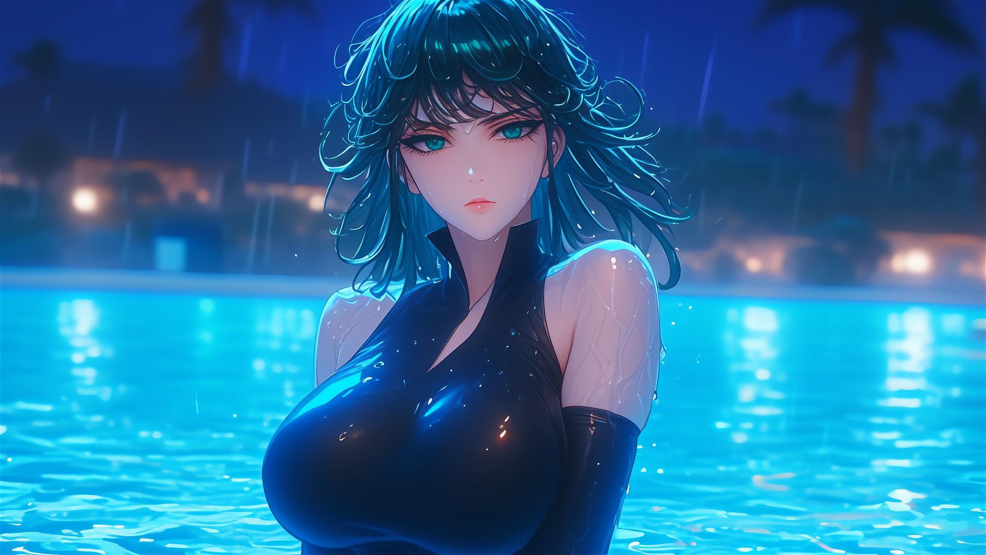 Tatsumaki from One-Punch Man in a pool under moonlight in the rain