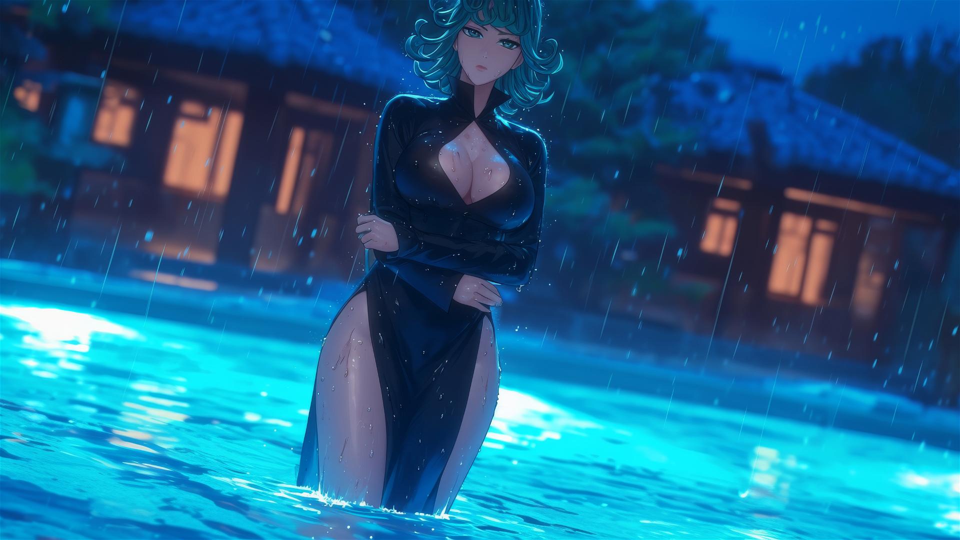 Tatsumaki standing in a pool under moonlight with rain
