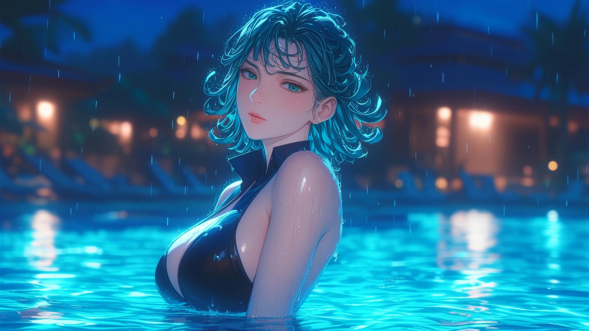 Tatsumaki from One-Punch Man in pool under moonlight with rain