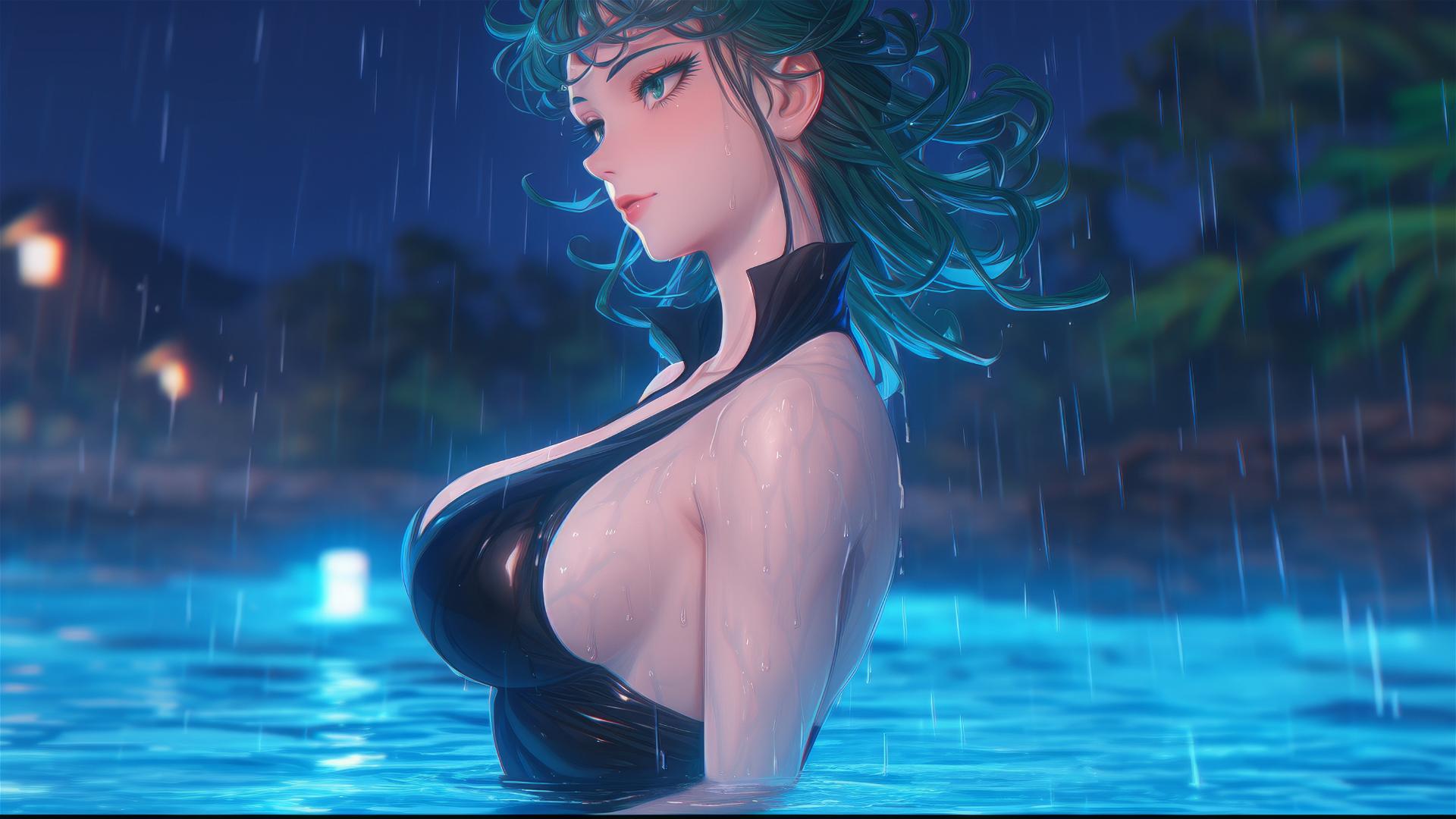 Tatsumaki from One-Punch Man standing in pool under moonlight, rainy ambience