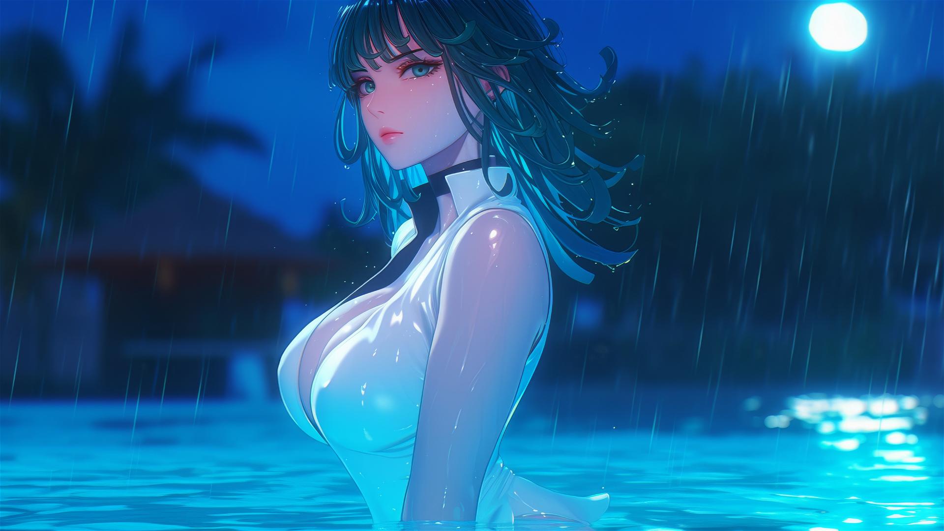 Tatsumaki in swimming pool under moonlight, rainy, in white dress