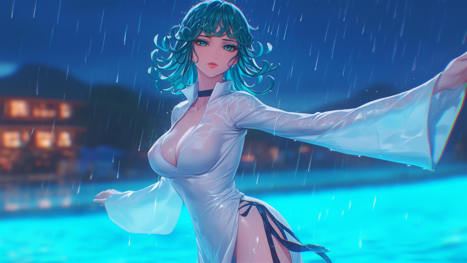Tatsumaki in white dress standing in a pool under moonlit rainy sky