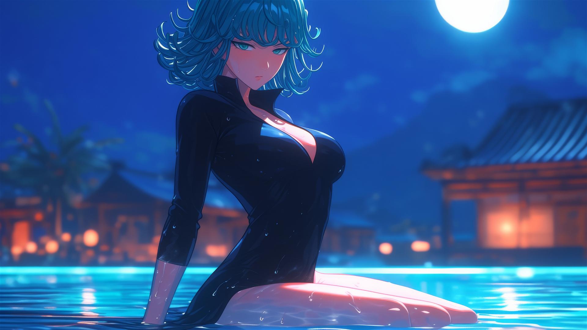 Tatsumaki resting by pool under moonlight