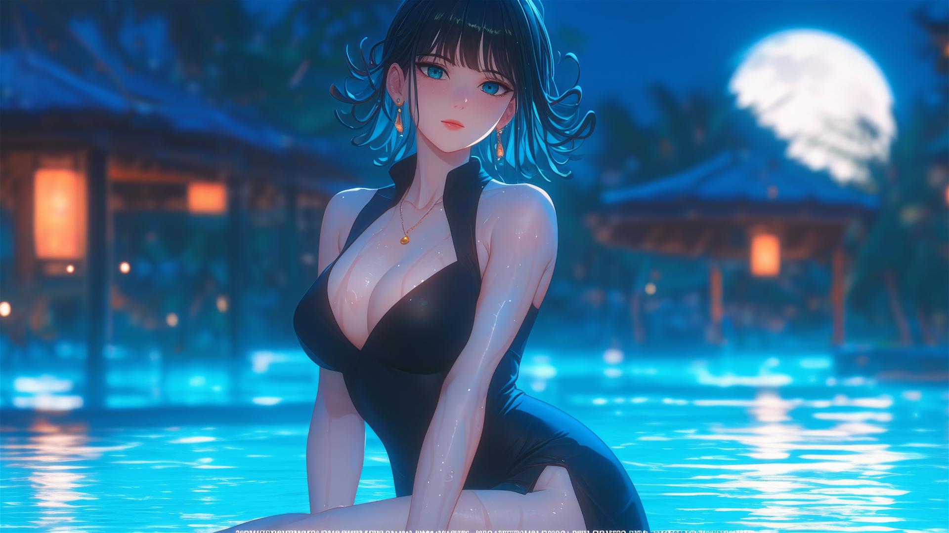 Tatsumaki from One-Punch Man resting by a pool under moonlight