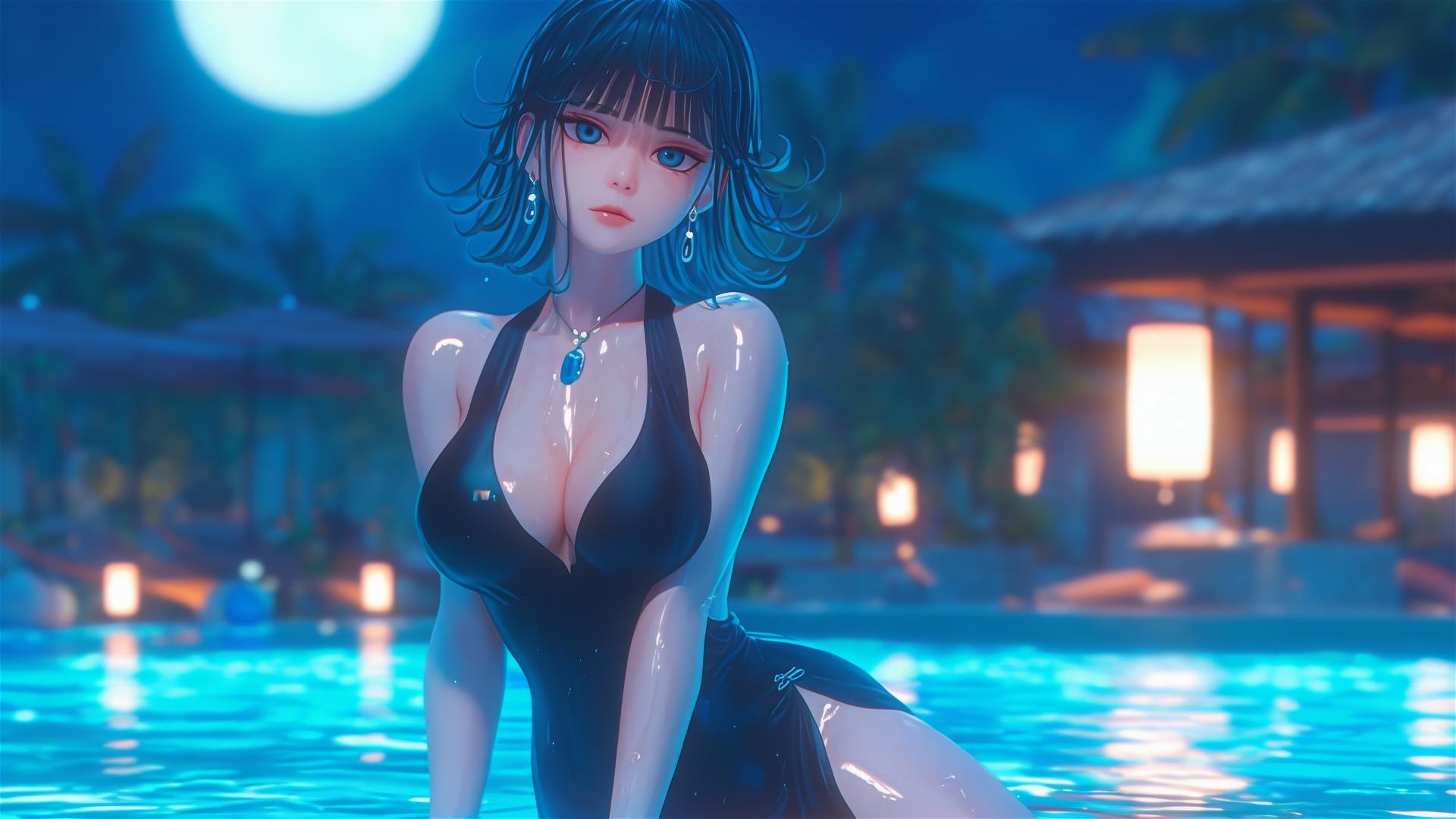 Tatsumaki from One-Punch Man resting by the pool under moonlight