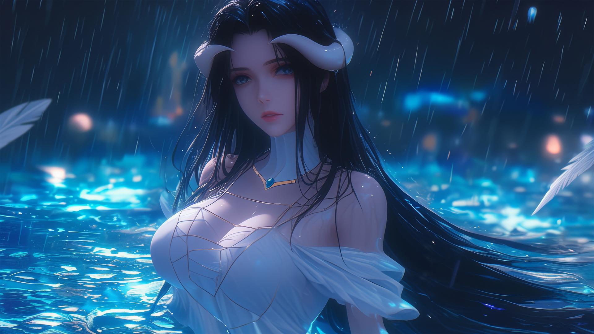 Albedo from Overlord in a moonlit rainy pool