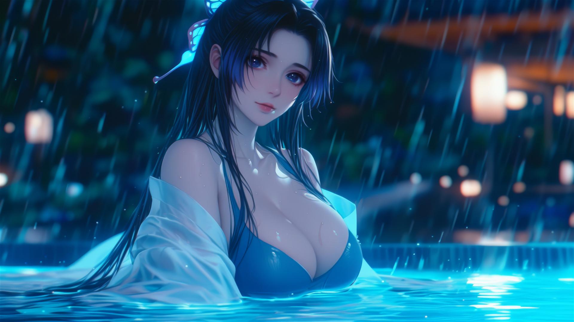 Shinobu Kocho resting by a rainy pool with moonlit glow