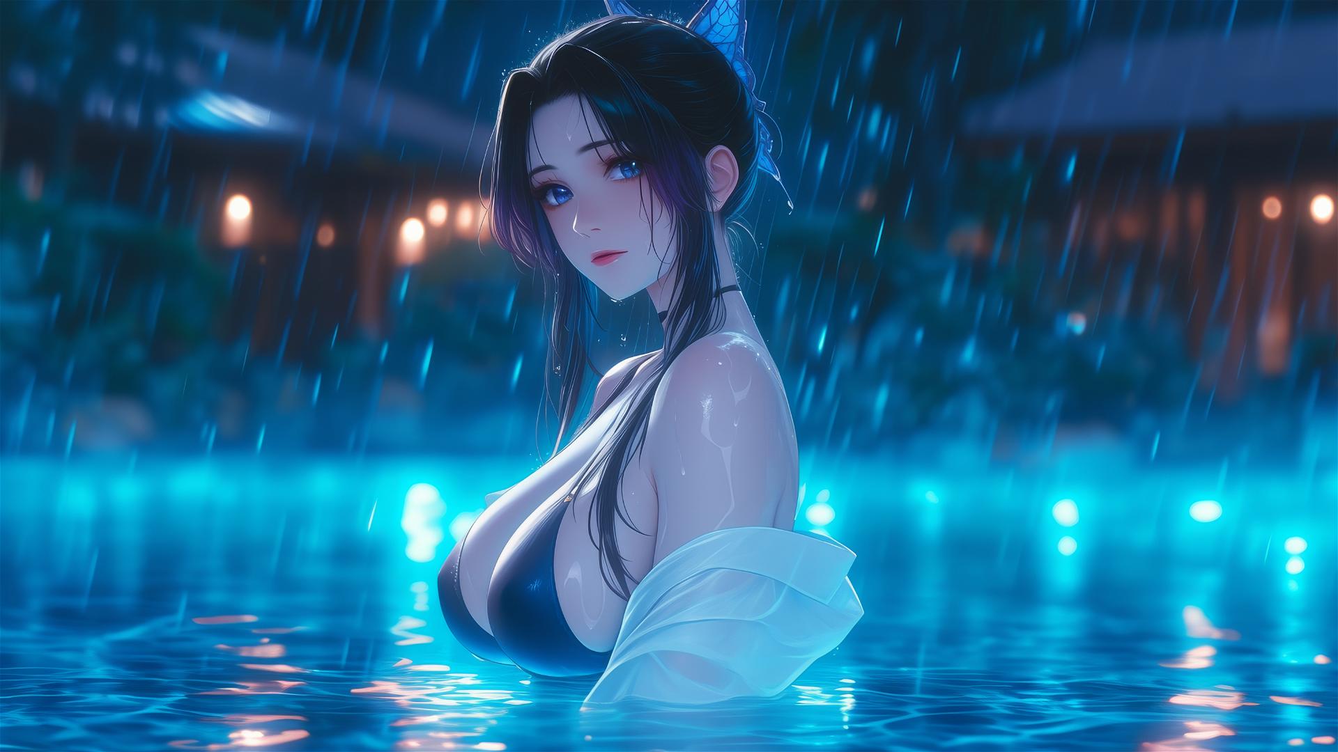 Shinobu Kocho in rainy pool under moonlight