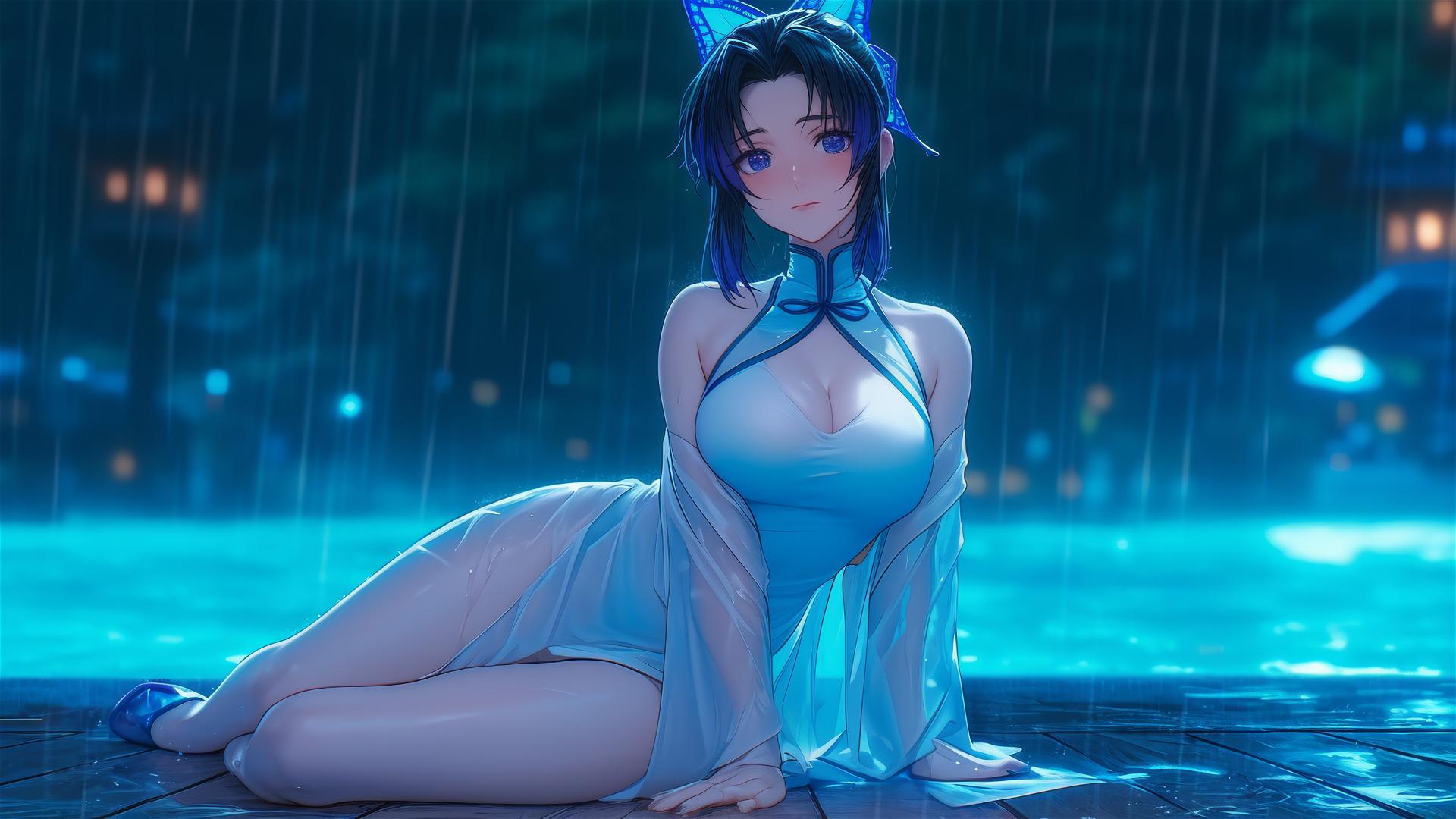 Shinobu Kocho from Demon Slayer relaxing by a pool in the moonlight with rain