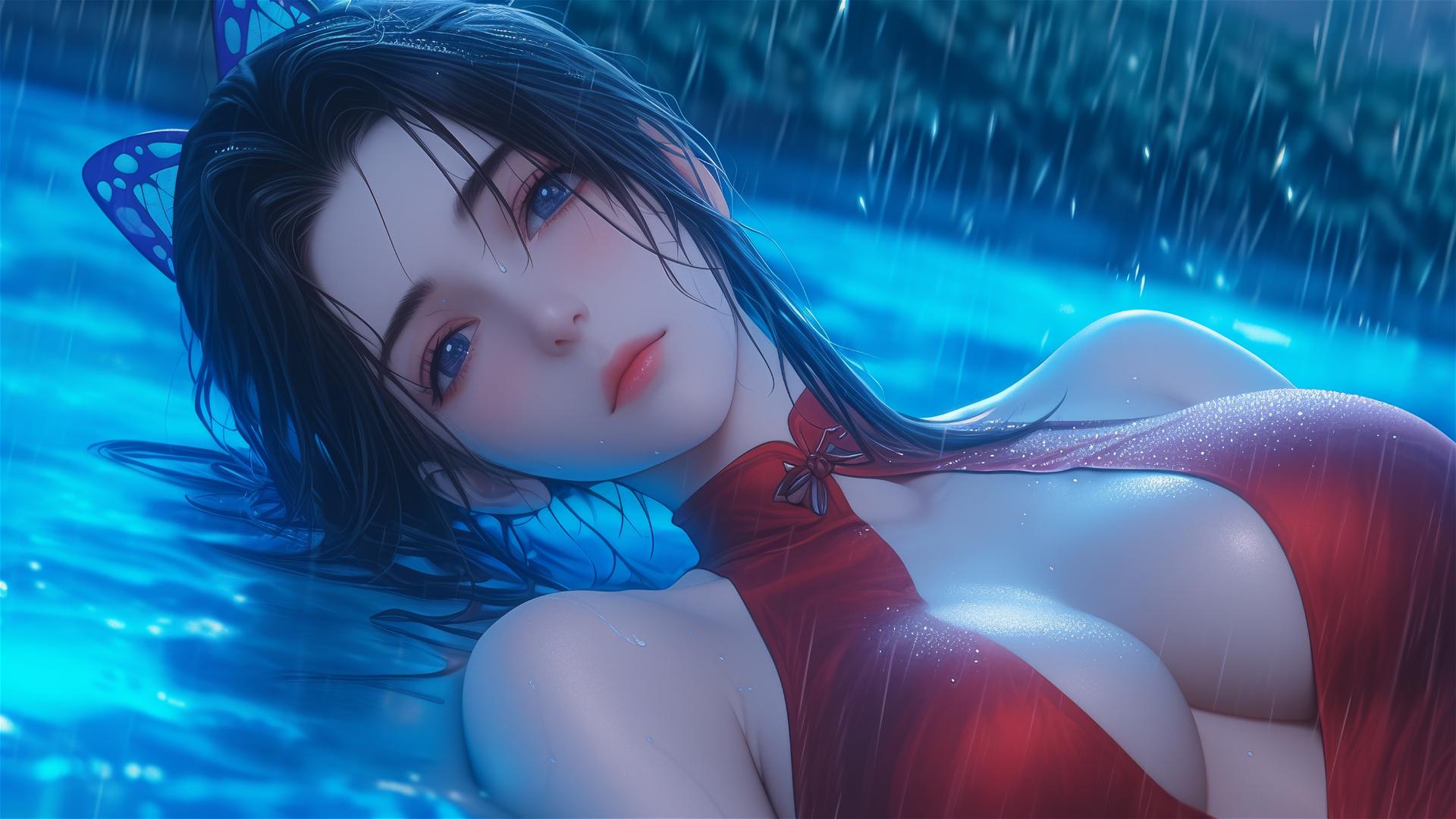 Shinobu Kocho from Demon Slayer by a rainy pool with moonlight glow