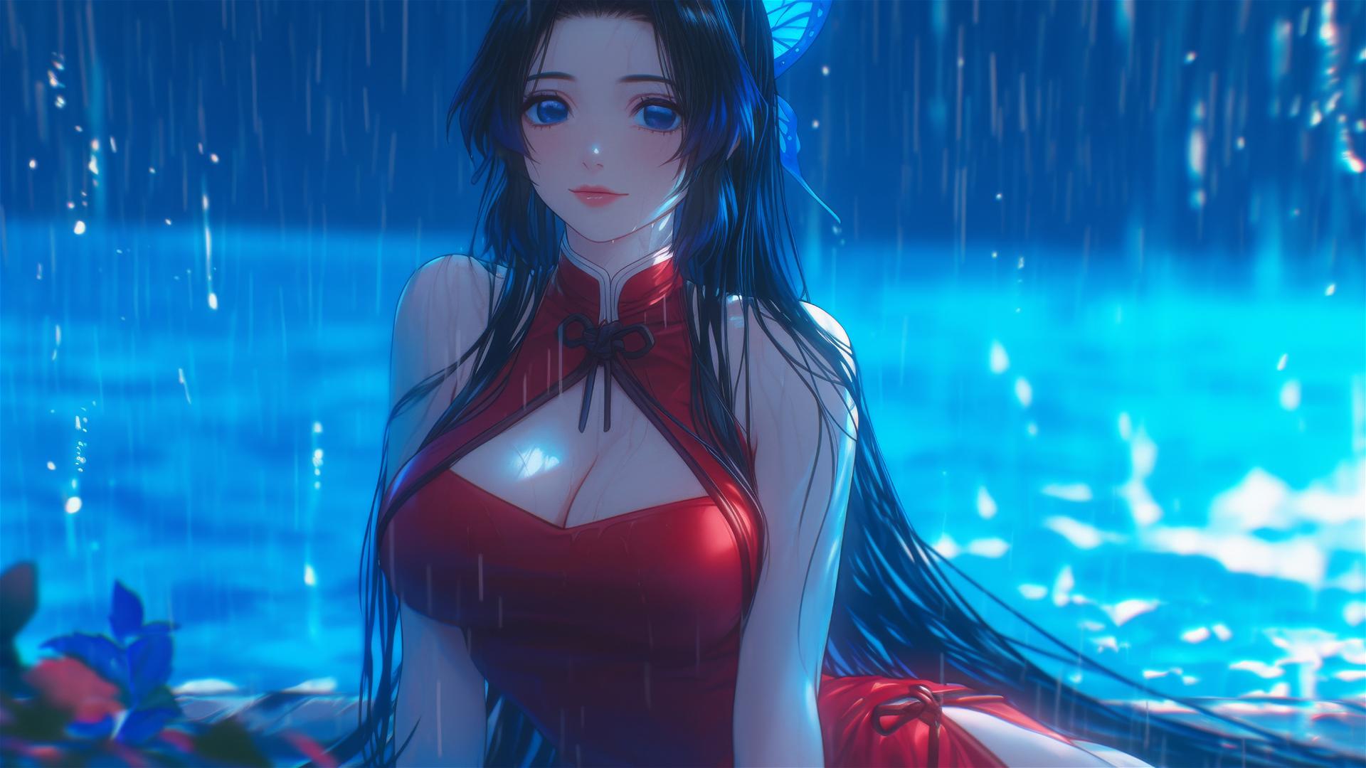 Shinobu Kocho from Demon Slayer by a pool in moonlight, red dress, rain