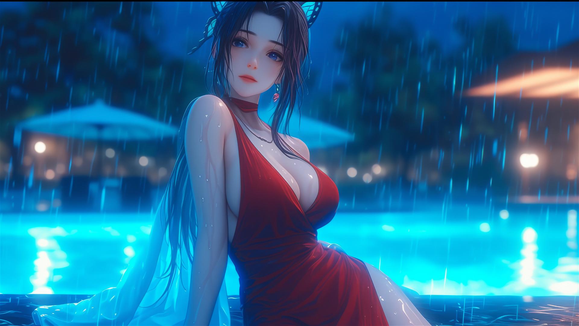 Shinobu Kocho from Demon Slayer resting by rainy pool with moonlight on her red dress