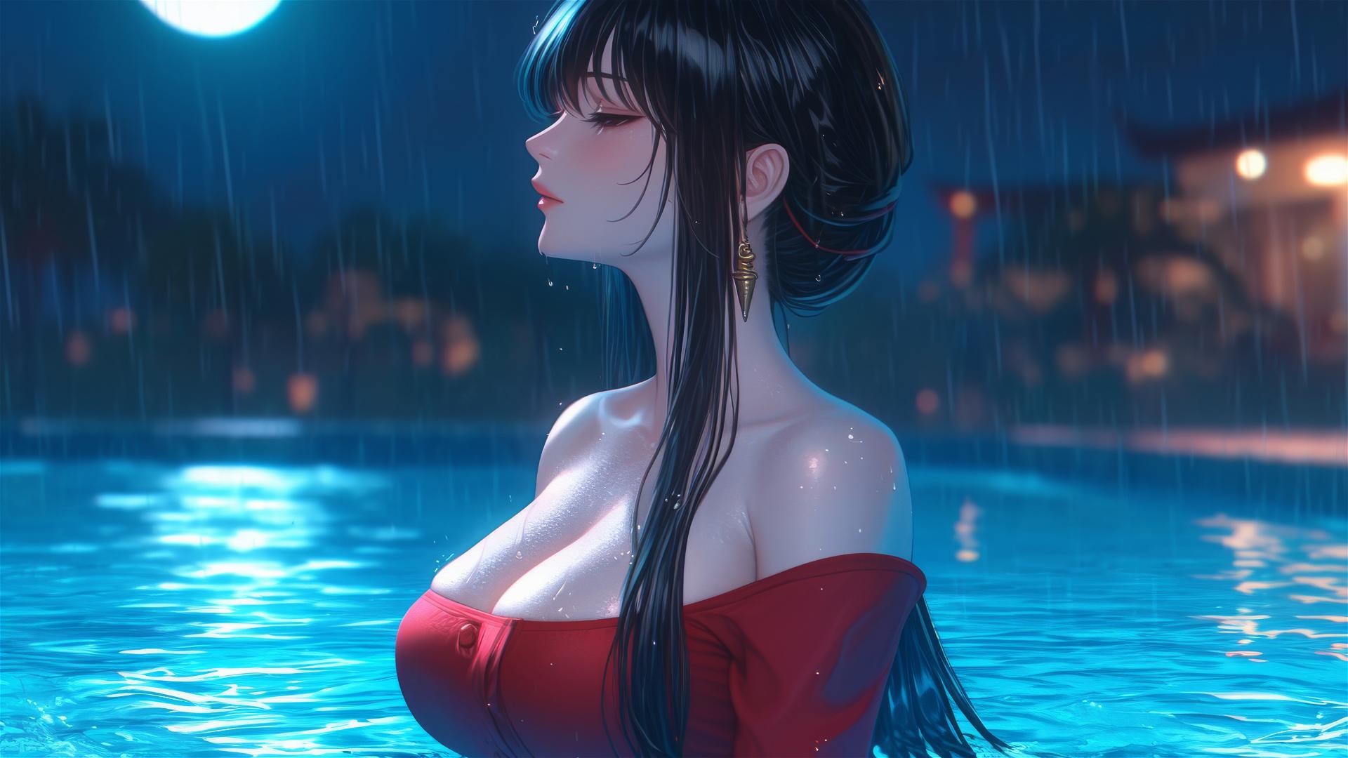 Yor Forger from Spy x Family standing in a rainy pool with moonlight on her red pajamas
