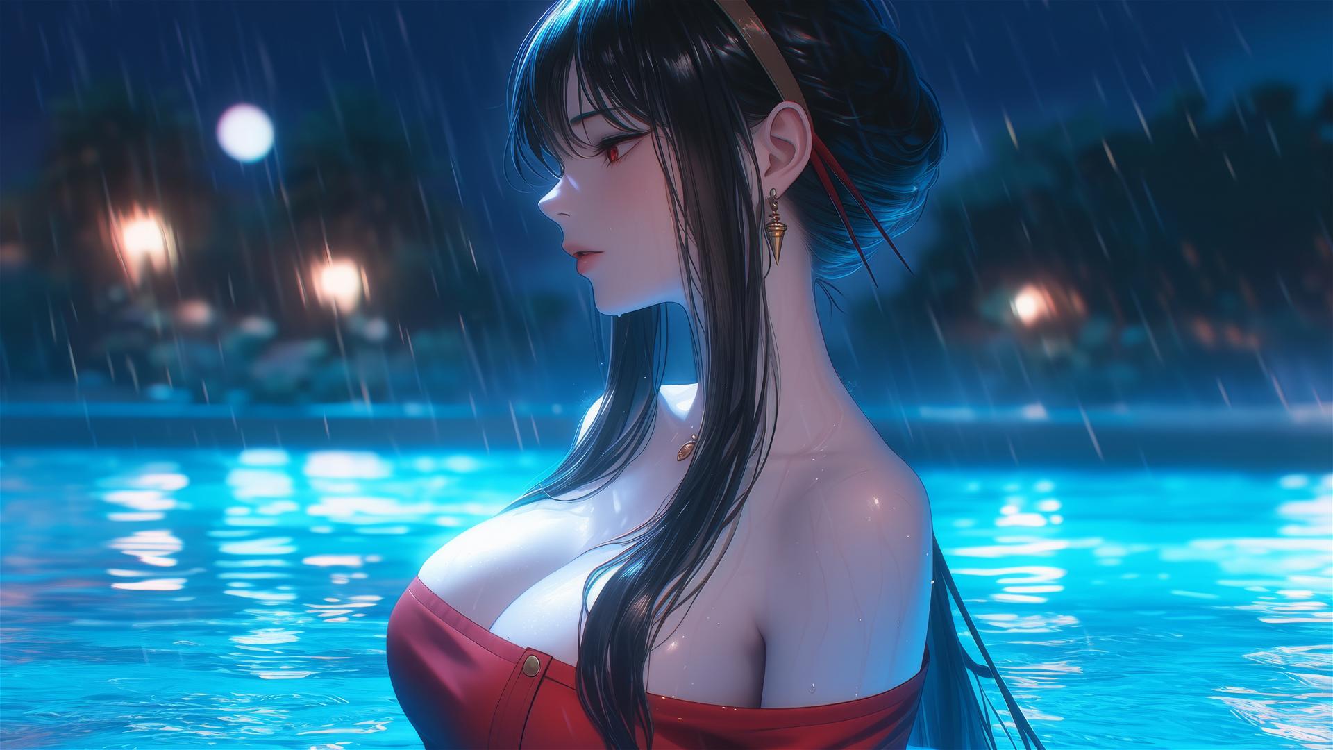 Yor Forger from Spy x Family standing in rain-filled pool with moon glow on her in red pajamas