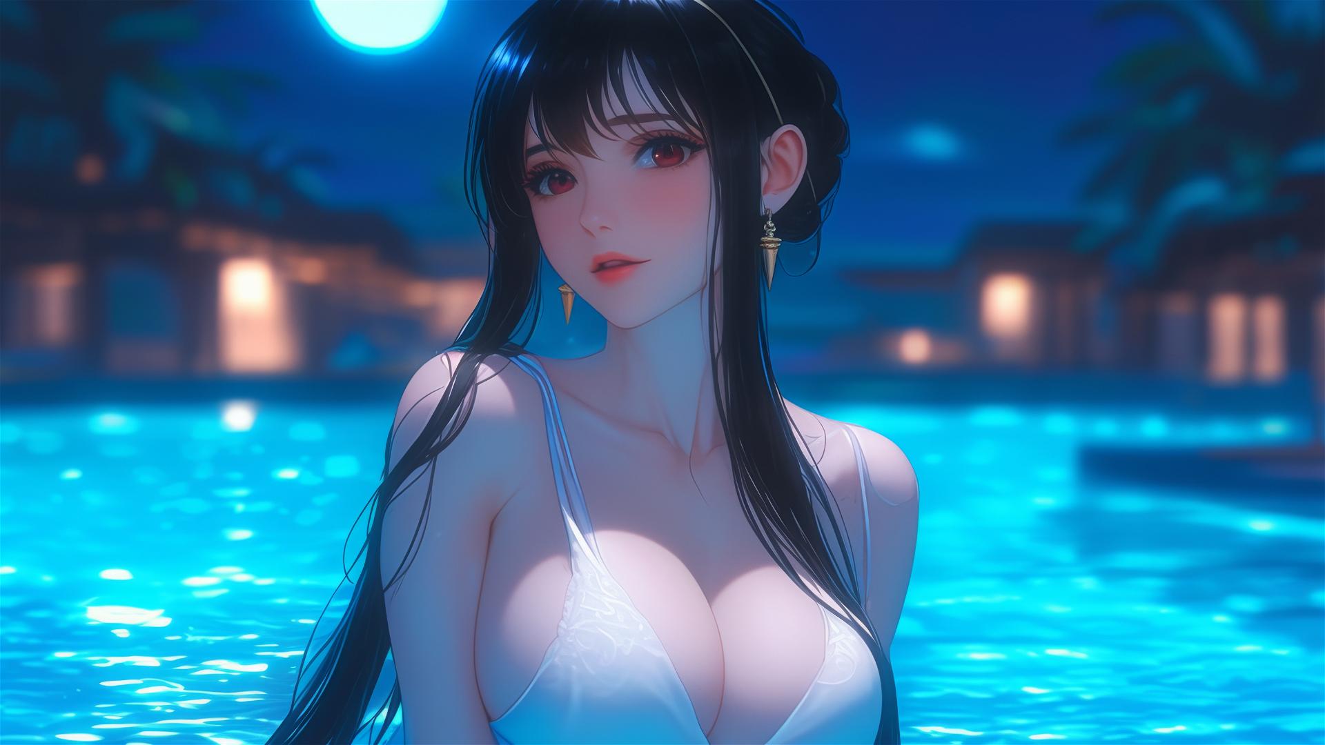 Yor Forger from Spy x Family resting by the pool under moonlight