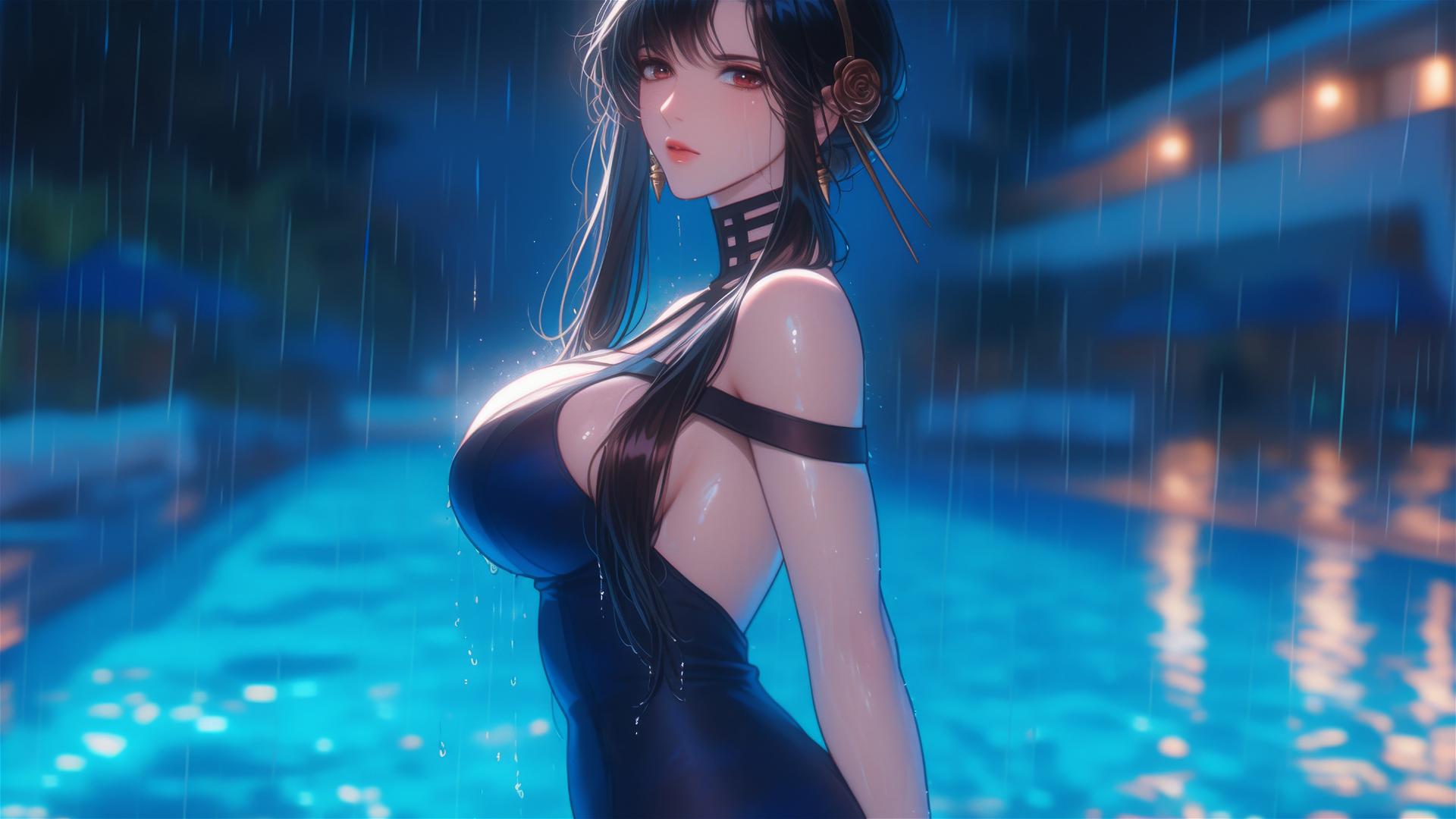 Yor Forger from Spy x Family resting by a pool in moonlight and rain
