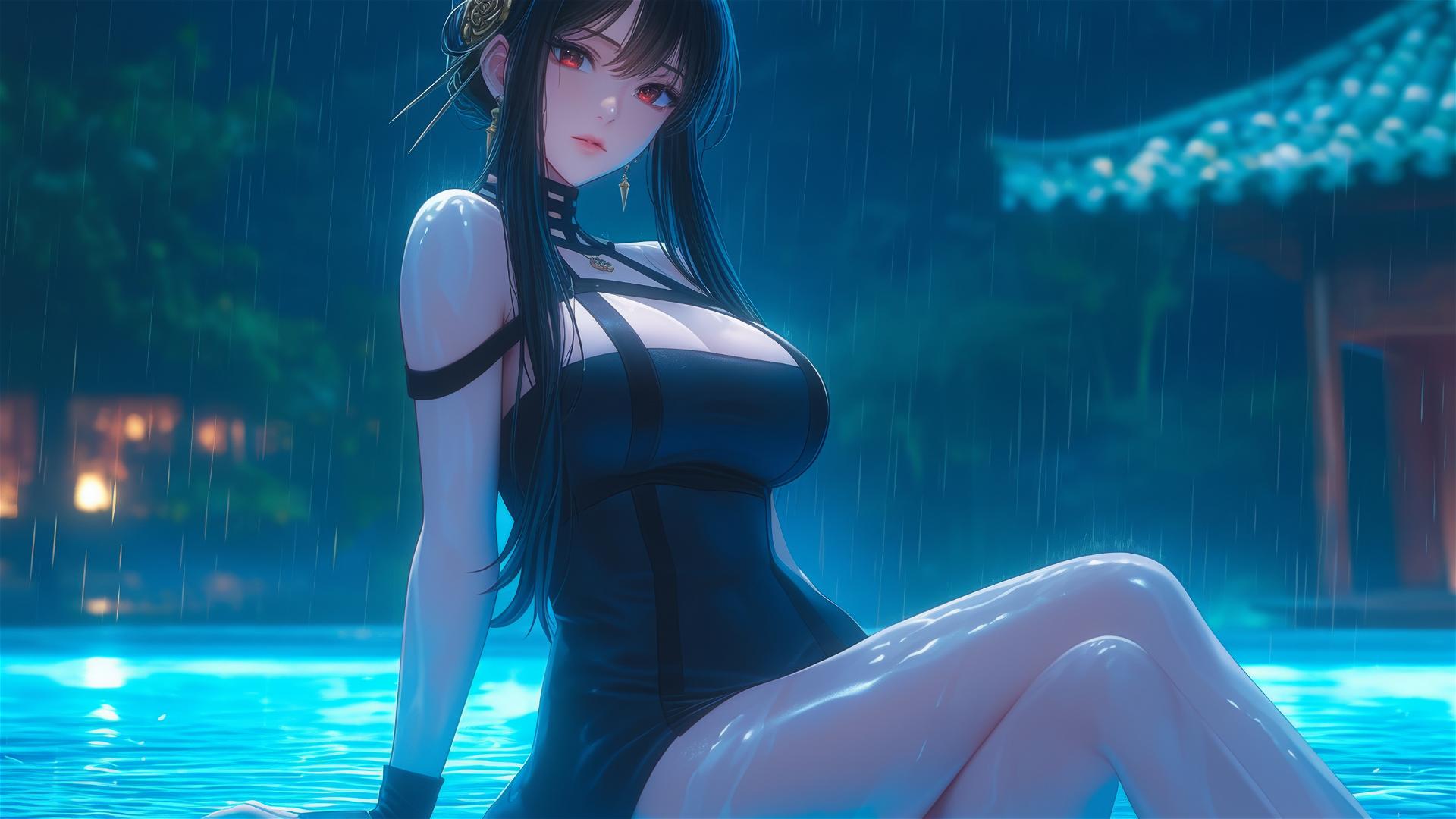 Yor Forger from Spy x Family resting by a rainy pool under moonlight