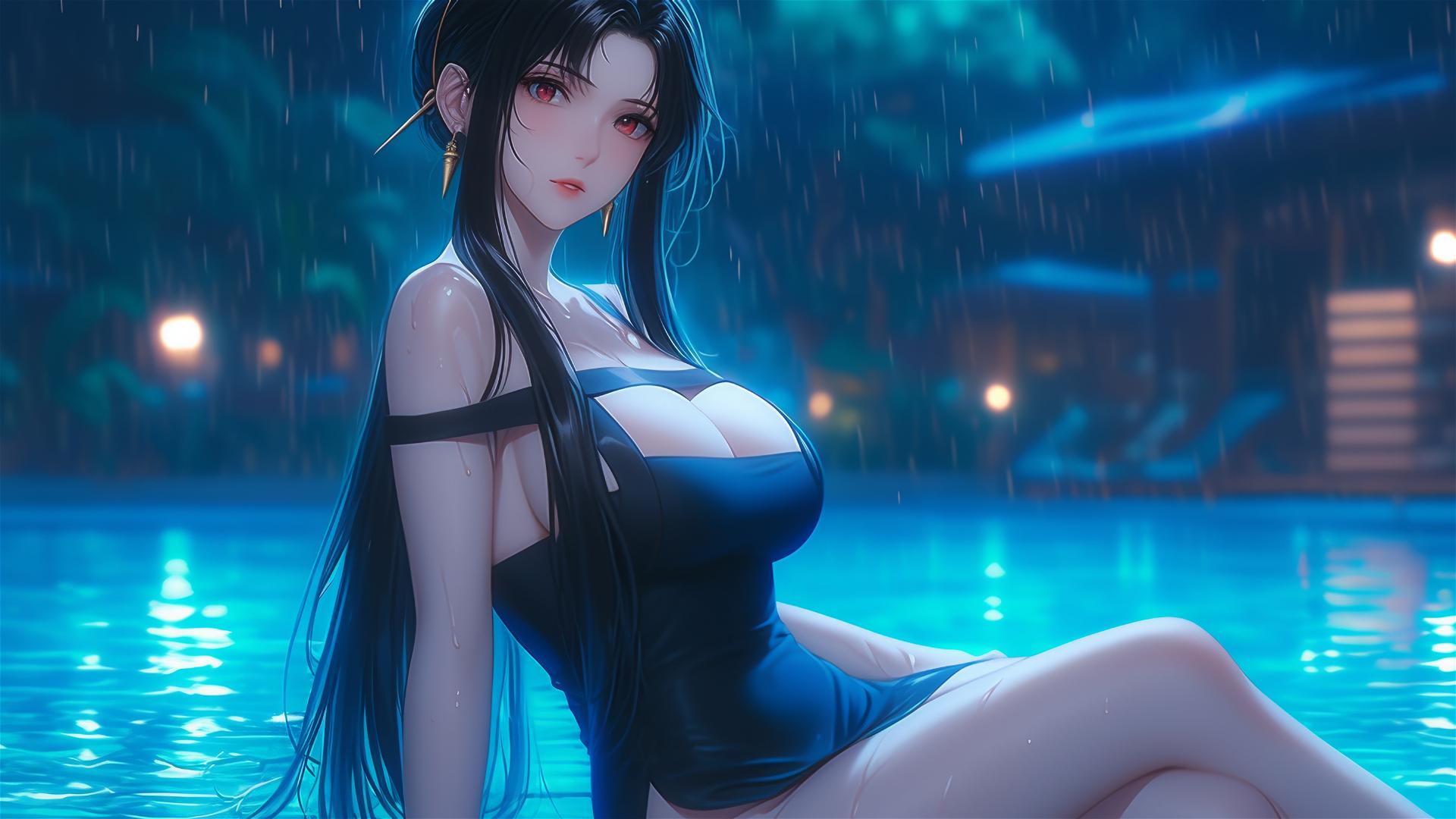 Yor Forger from Spy x Family resting by a pool in moonlight, wearing only an apron.