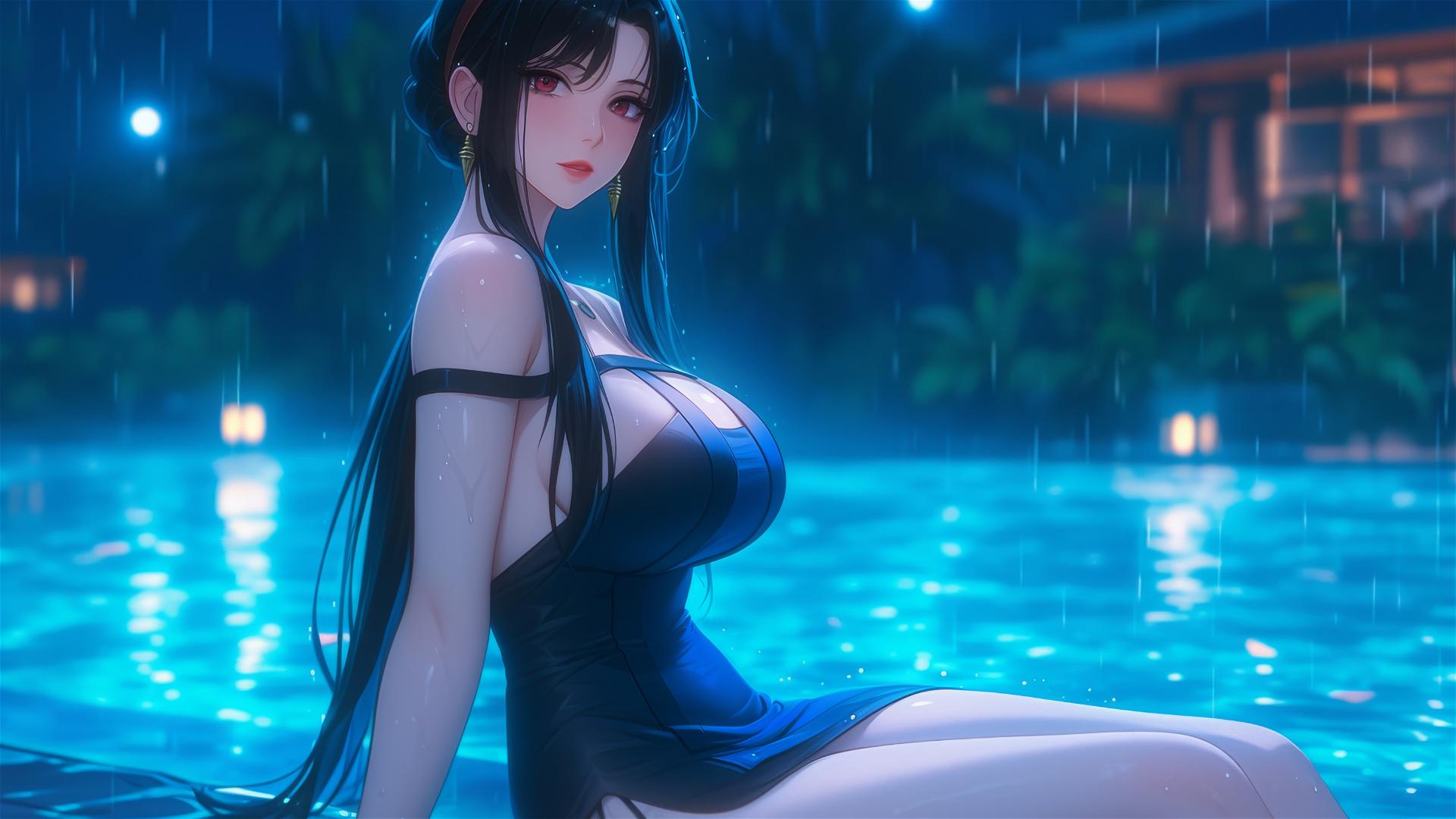 Yor Forger relaxes by pool in moonlight, rainy, in apron